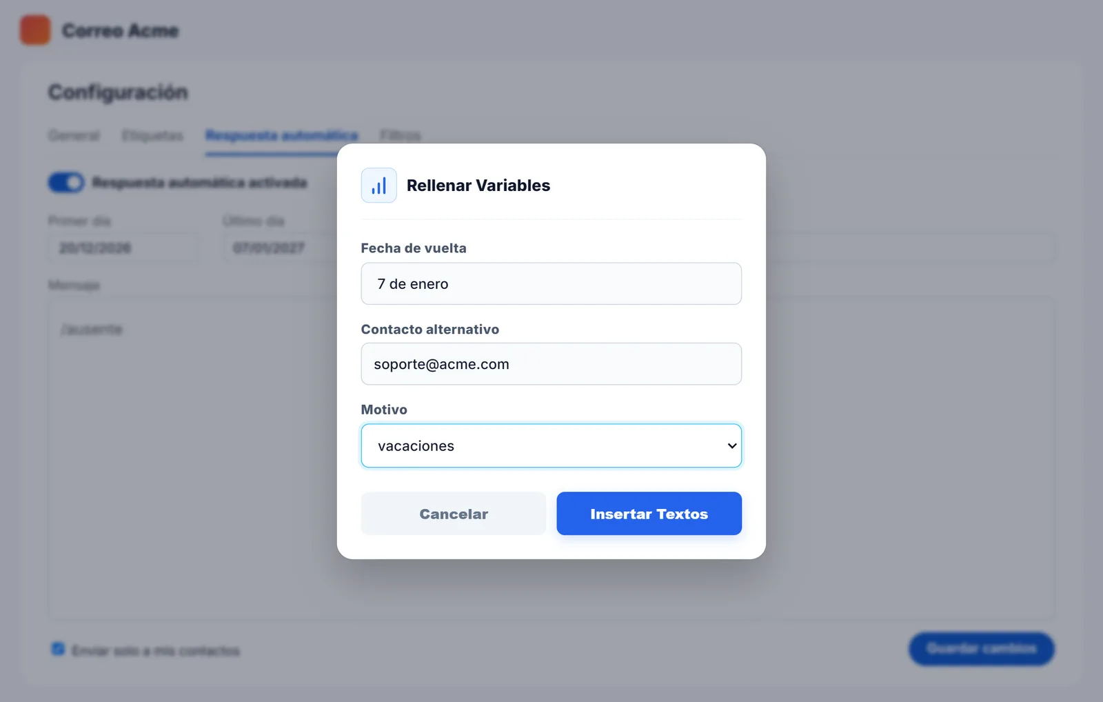 Cuadro de NexoPad para rellenar fecha de vuelta, contacto y motivo de la ausencia