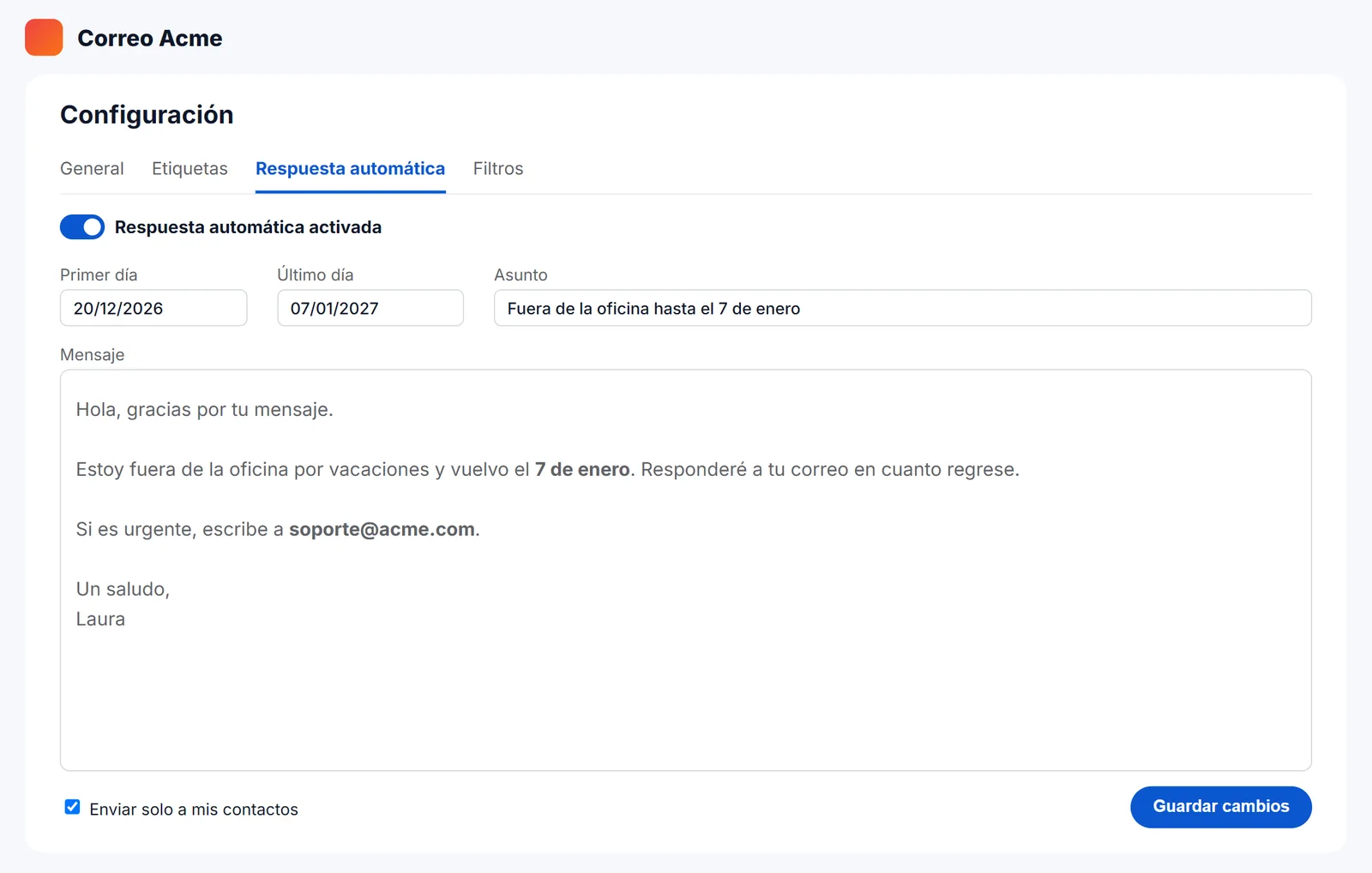 Mensaje de fuera de la oficina insertado en la configuración de respuesta automática