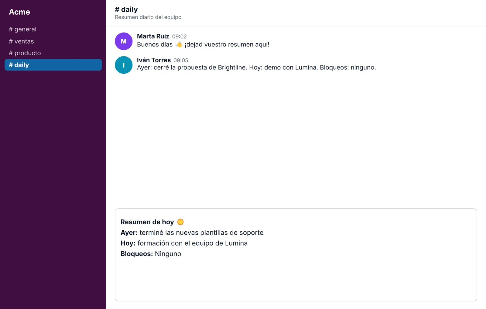 Resumen diario con formato insertado en un canal de chat