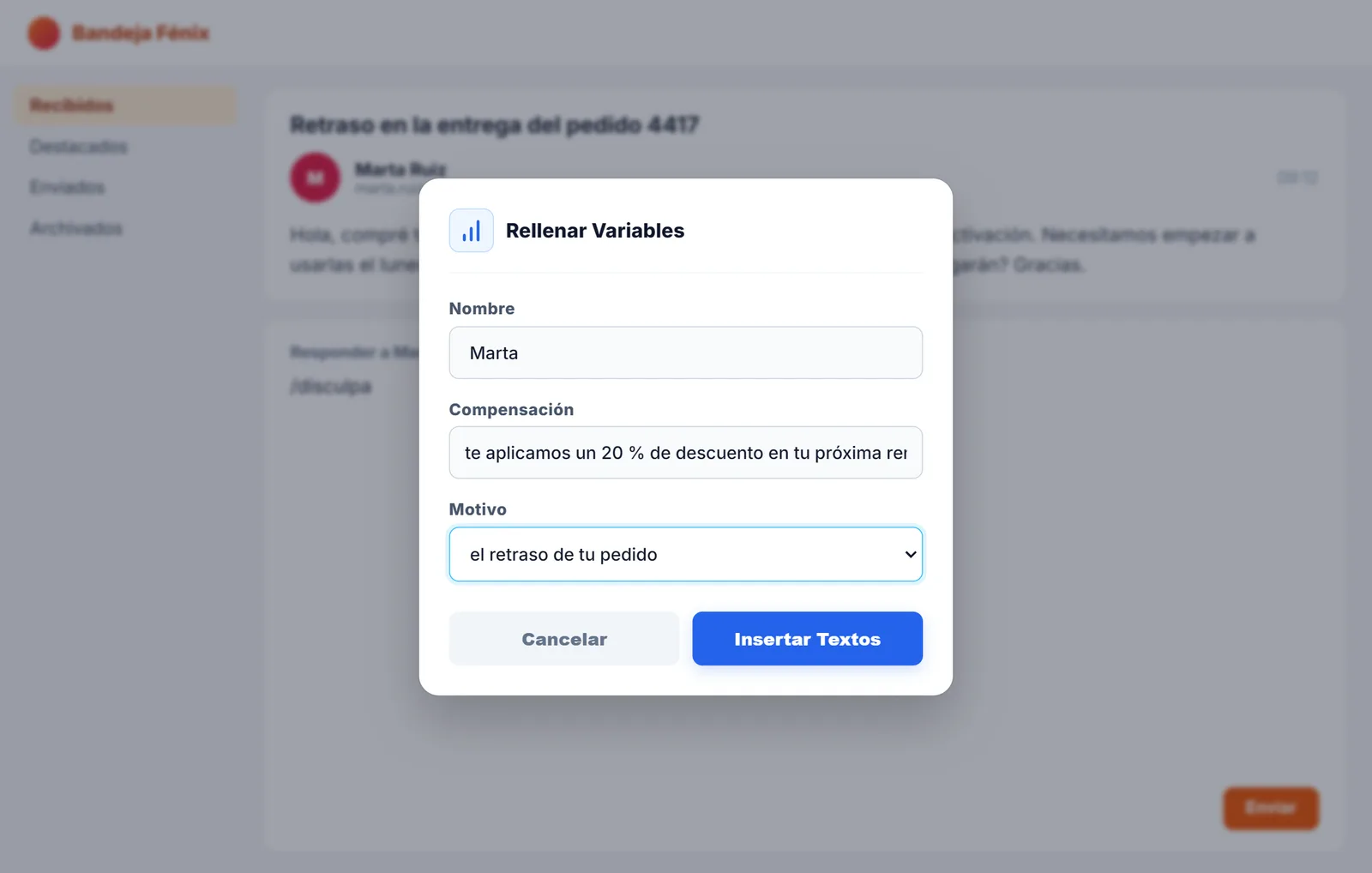 Cuadro de NexoPad para rellenar el nombre, la compensación y el motivo de la disculpa