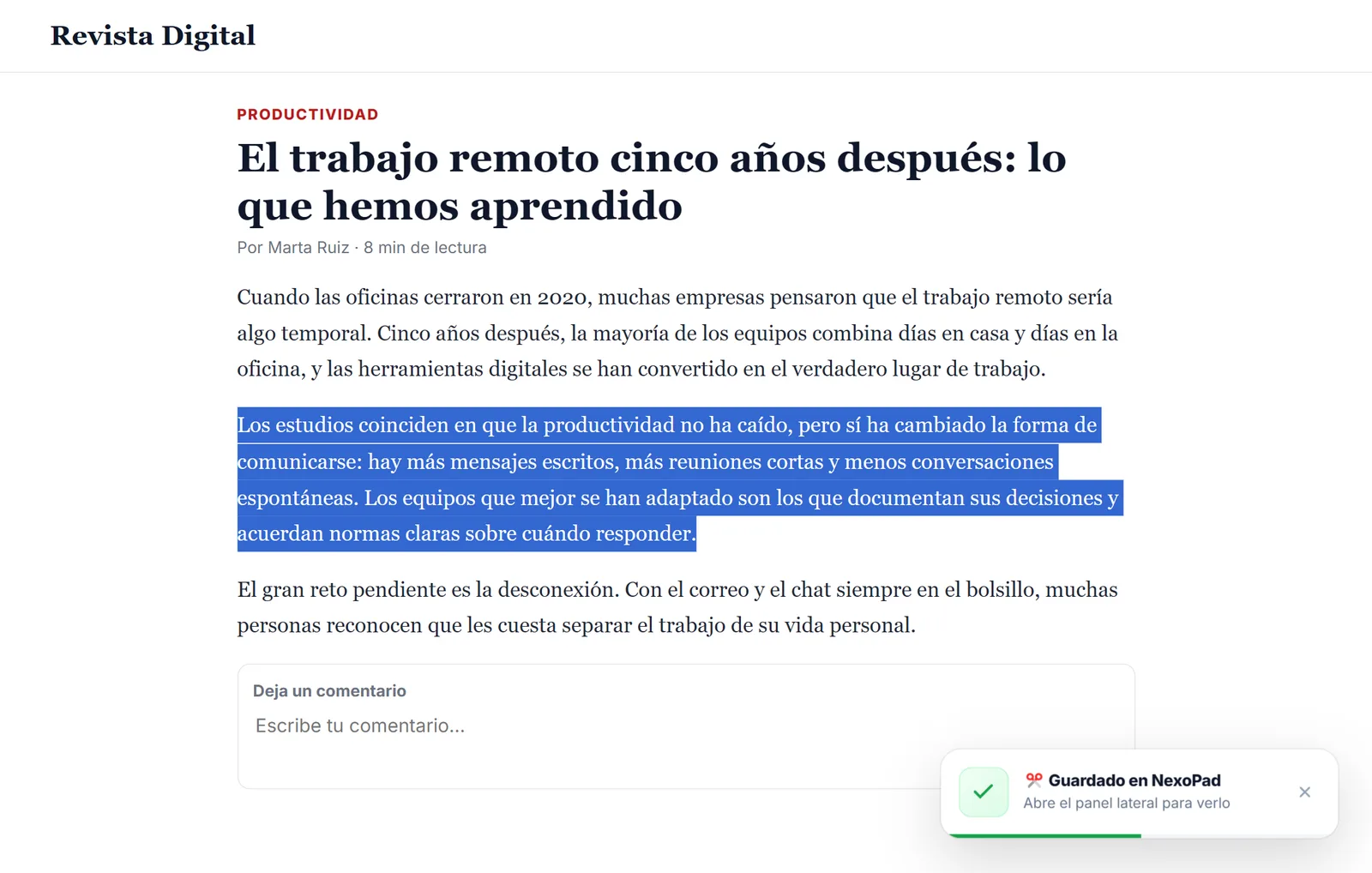 Párrafo seleccionado en un artículo y aviso de NexoPad confirmando que se ha guardado