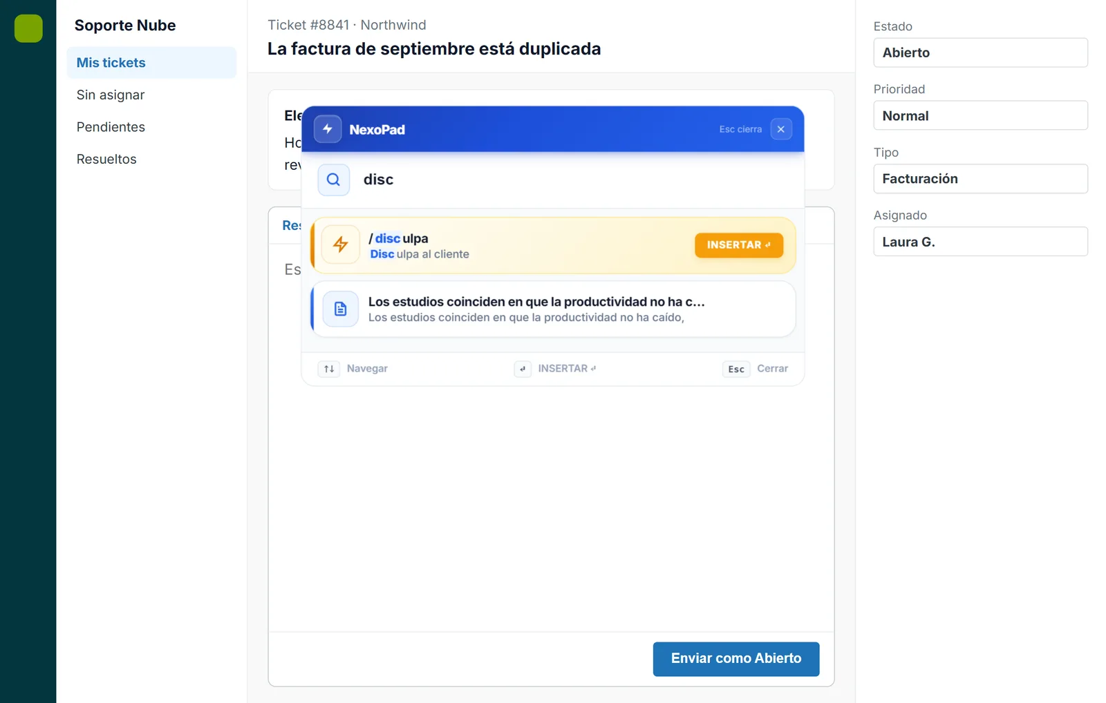Buscador Ctrl+K de NexoPad dentro de una herramienta de tickets