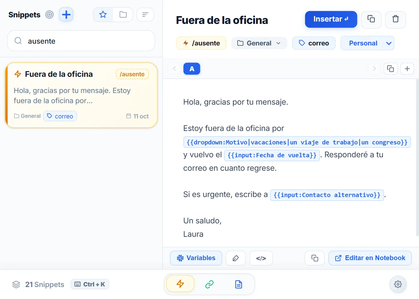 Vista Snippets de NexoPad con la plantilla de fuera de la oficina y sus variables