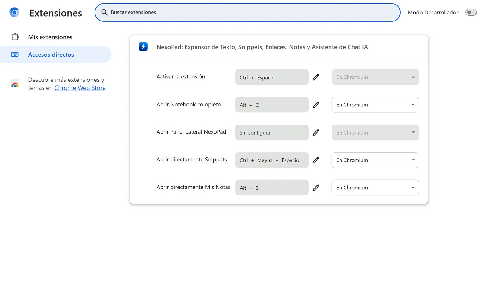 Página de accesos directos de extensiones de Chrome con los atajos de NexoPad