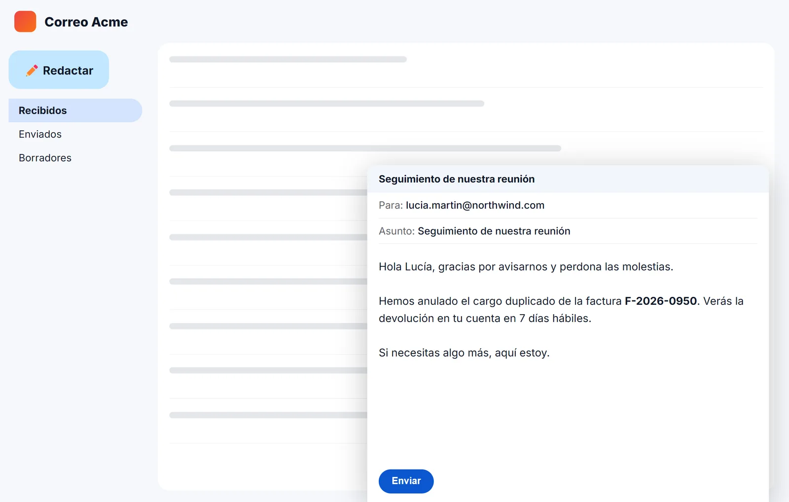 Respuesta sobre un cargo duplicado insertada en un correo con los datos ya puestos