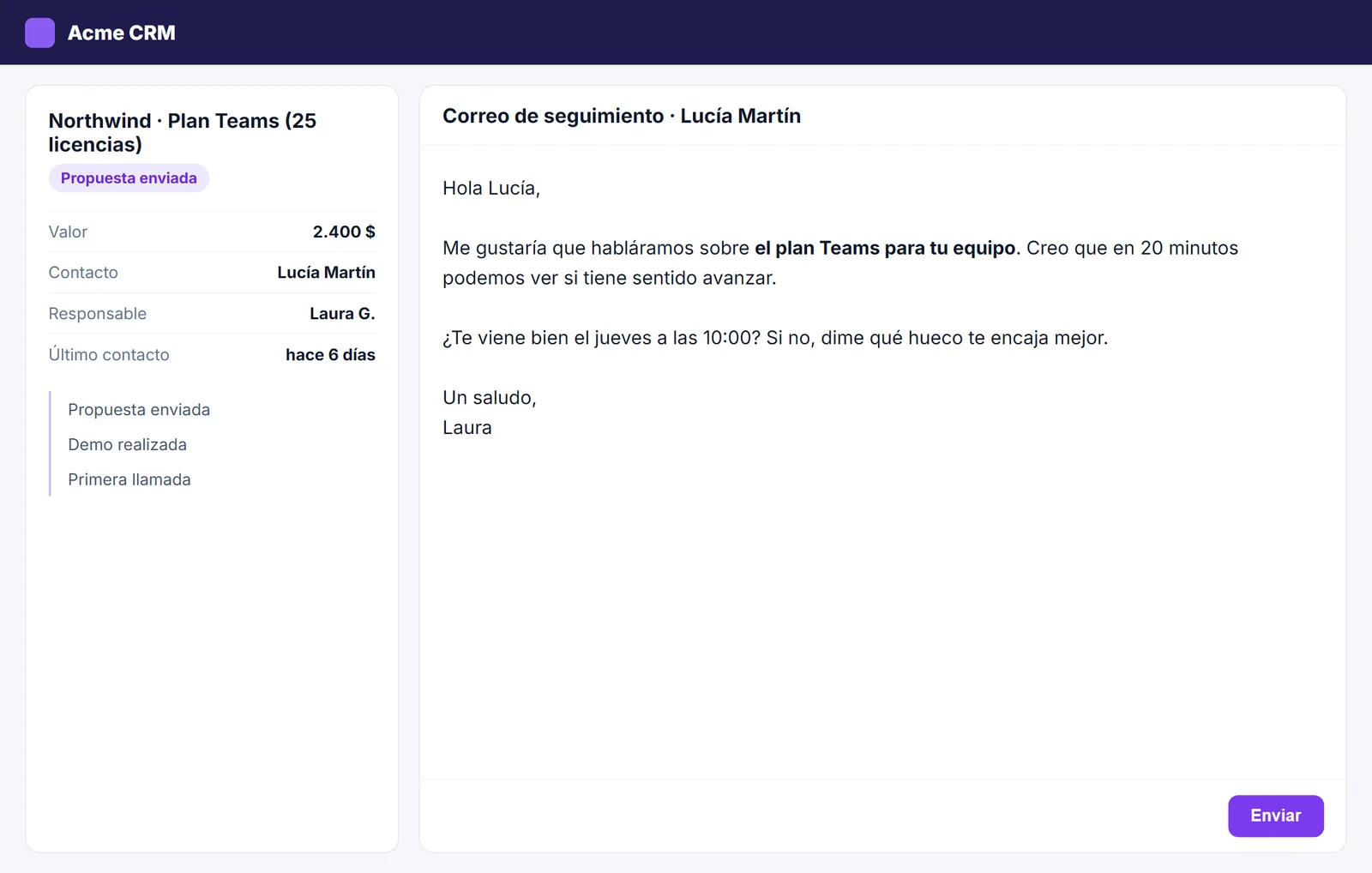 Correo para pedir una reunión escrito en un CRM