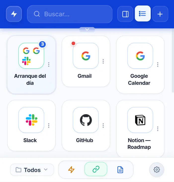 Vista de cuadrícula de los enlaces de NexoPad con un grupo al principio