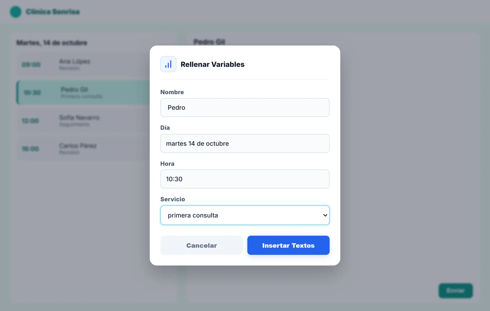 Cuadro de NexoPad para rellenar nombre, día, hora y servicio de la cita