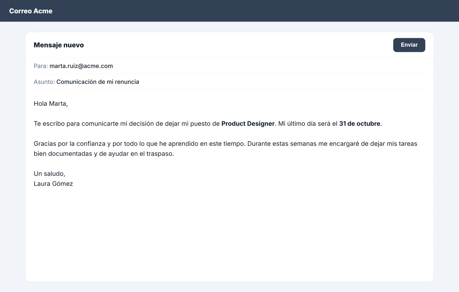 Correo de renuncia escrito en un correo web