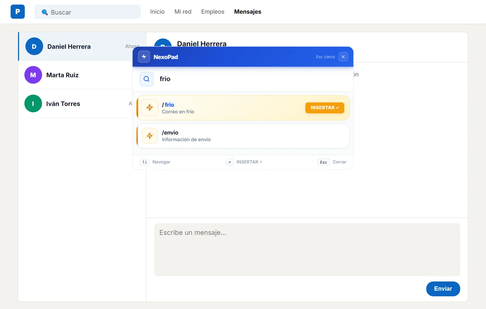 Buscador Ctrl+K de NexoPad en una red profesional buscando el correo en frío