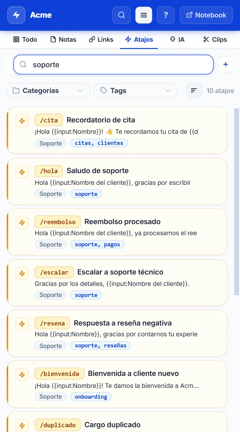 Panel lateral de NexoPad con las respuestas de soporte