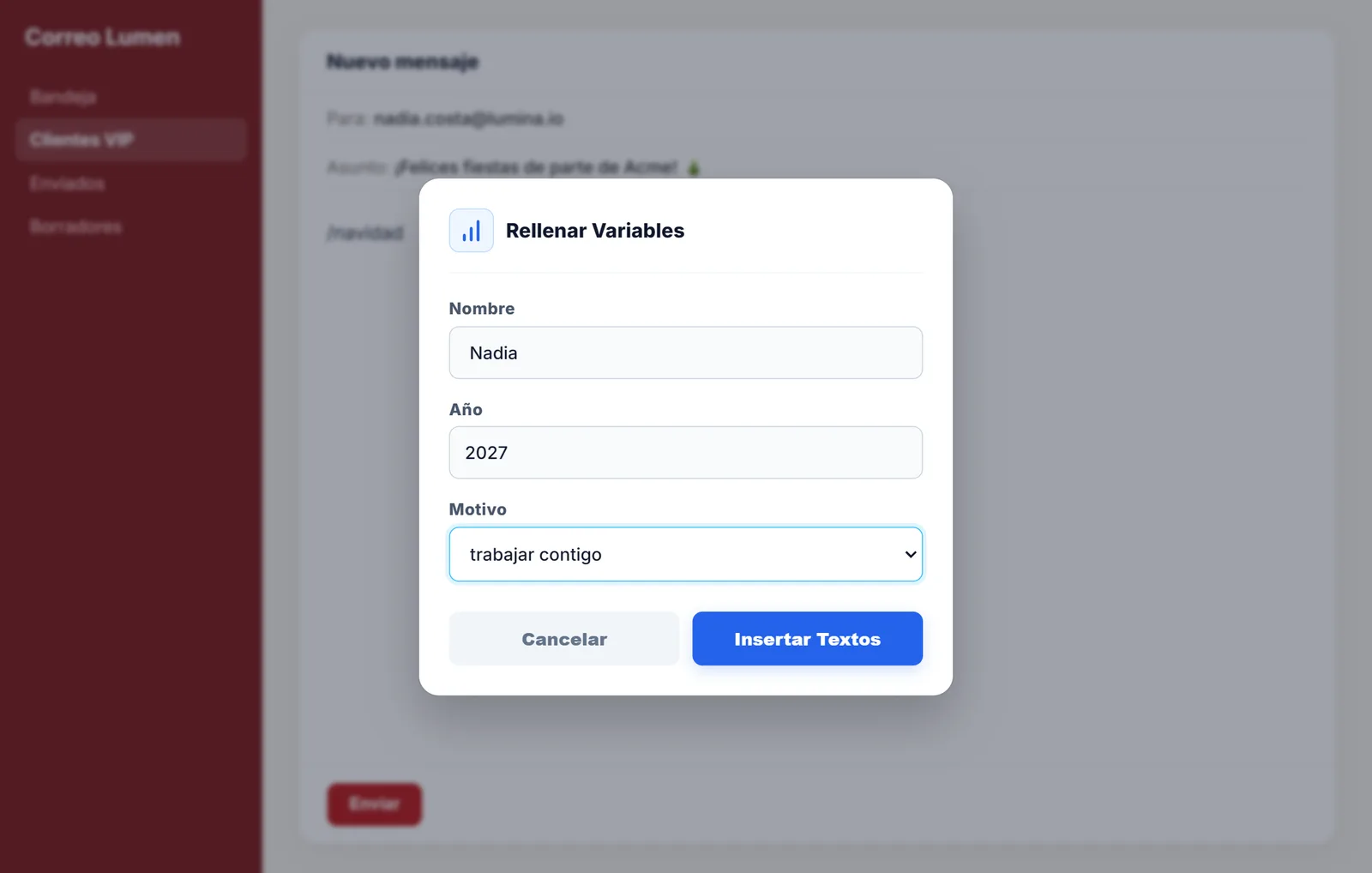 Cuadro de NexoPad para rellenar el nombre, el año y el motivo de la felicitación