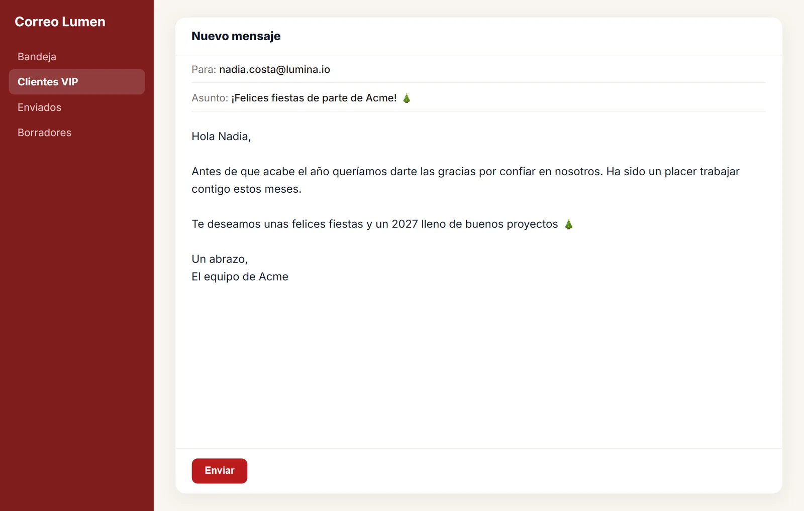 Felicitación navideña para un cliente escrita en un correo
