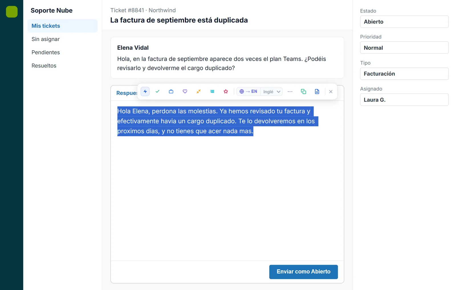 Borrador con faltas de ortografía seleccionado con la barra de IA de NexoPad