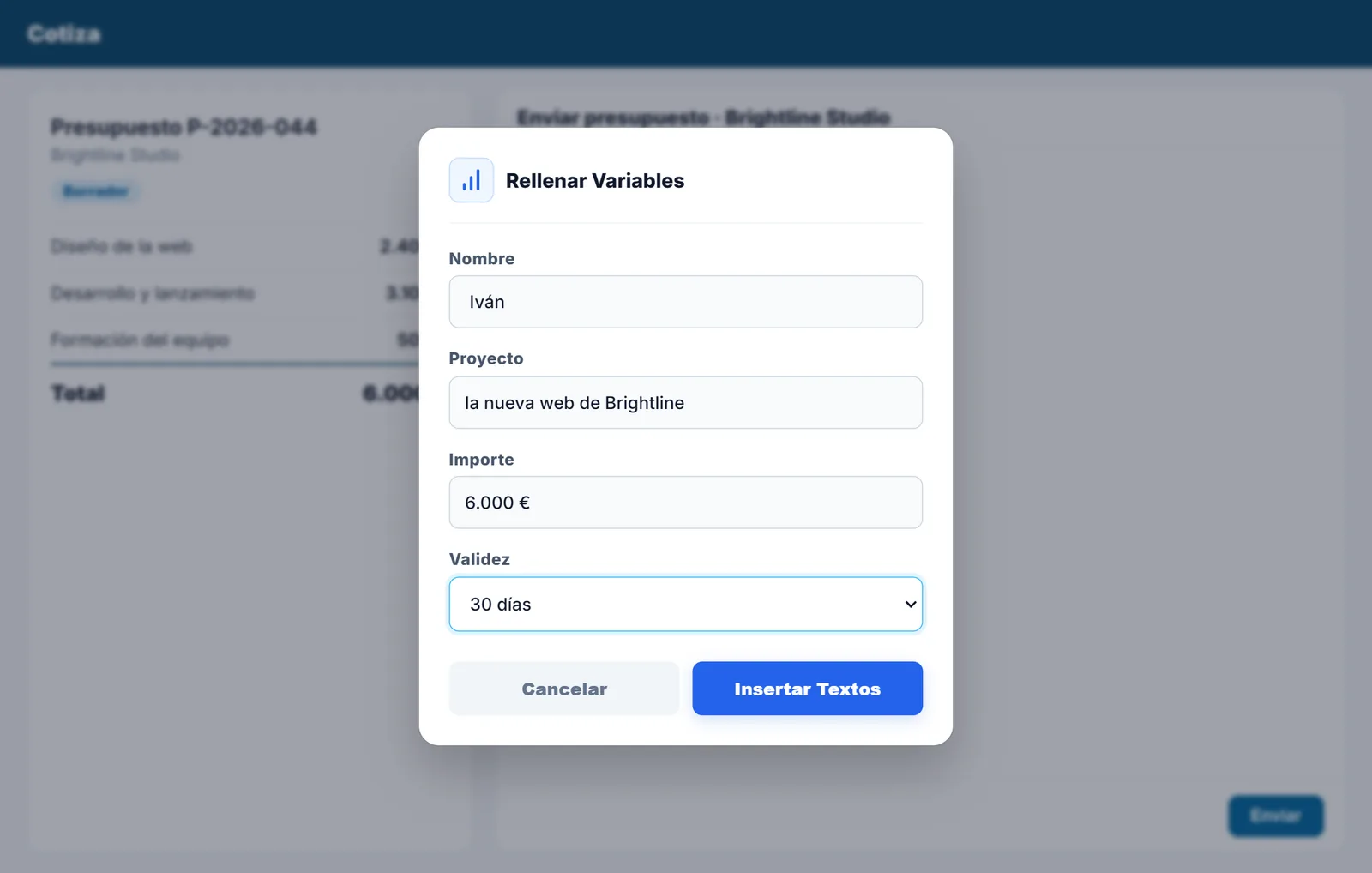 Cuadro de NexoPad para rellenar nombre, proyecto, importe y validez del presupuesto