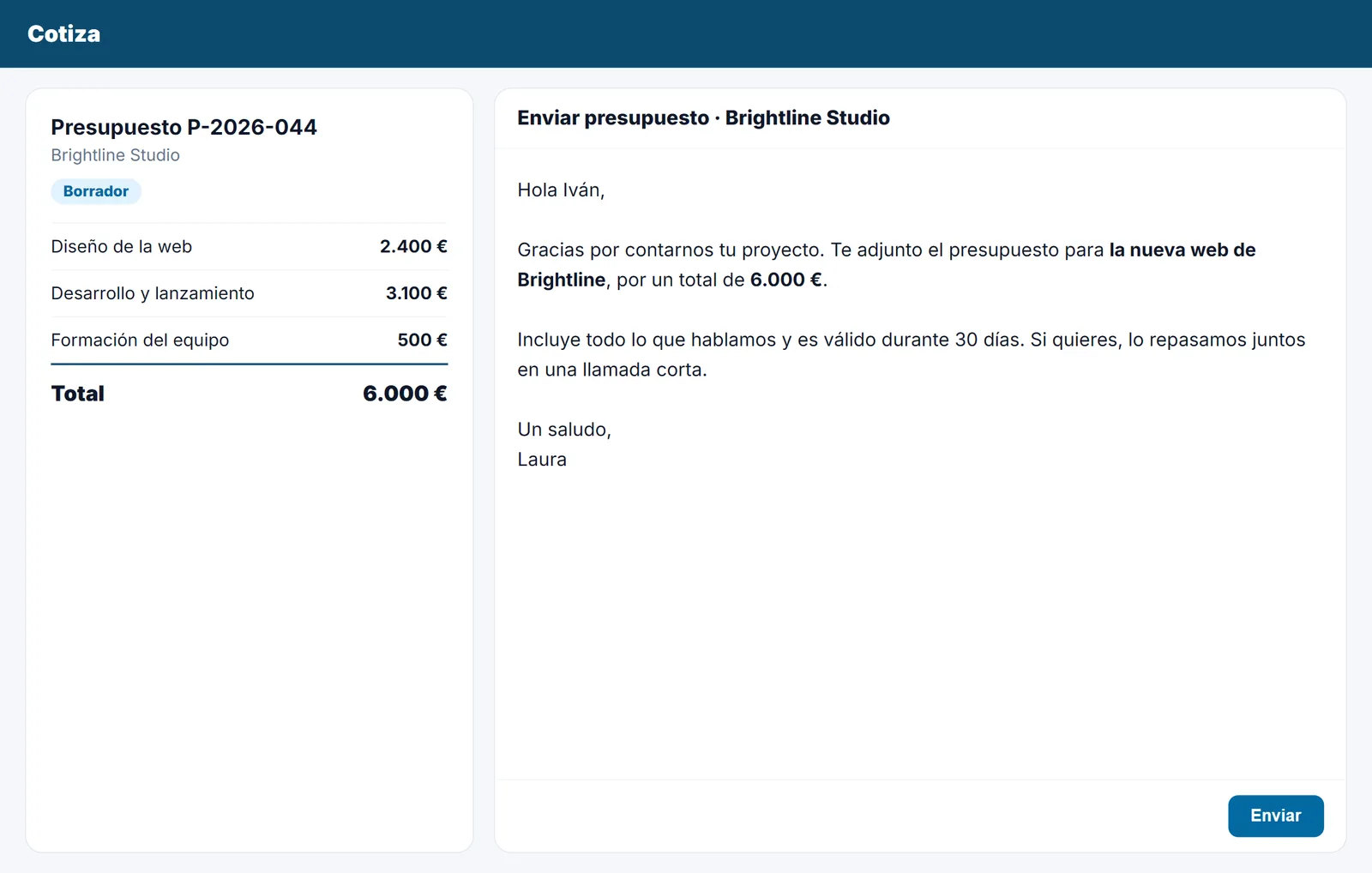 Correo de envío de presupuesto escrito junto al presupuesto