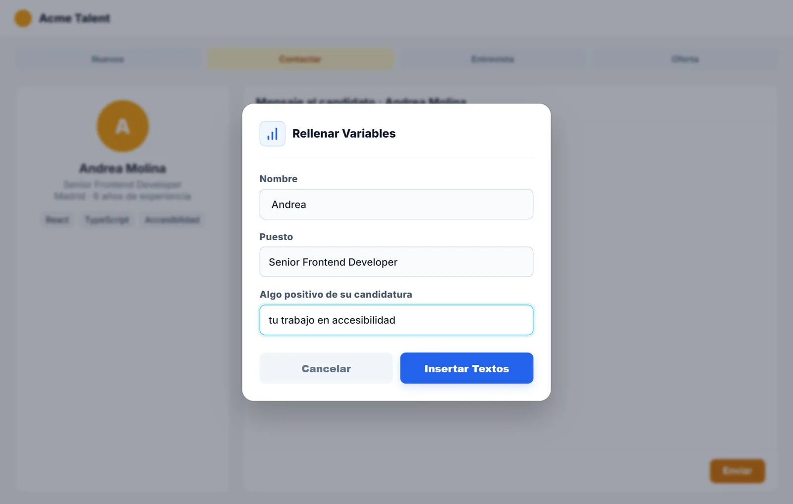 Cuadro de NexoPad para rellenar nombre, puesto y un detalle positivo del candidato