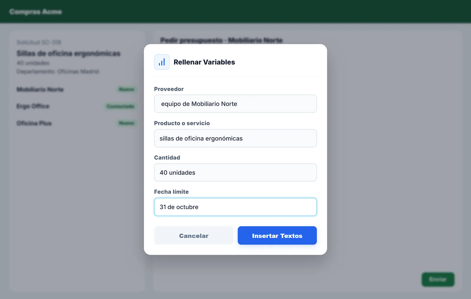 Cuadro de NexoPad para rellenar proveedor, producto, cantidad y fecha límite