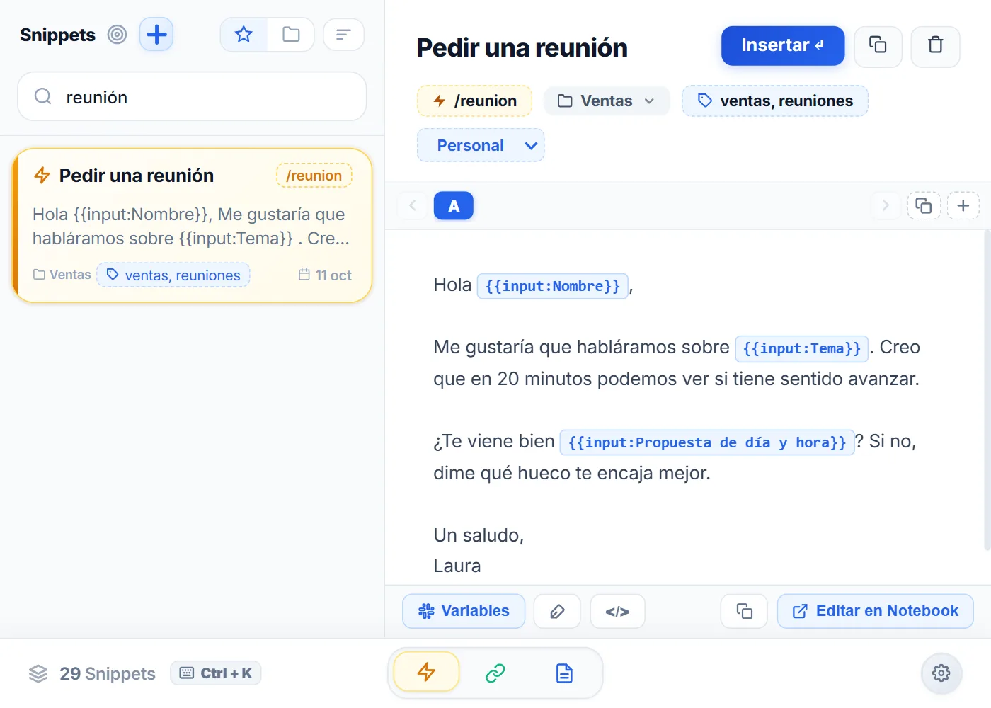 Vista Snippets de NexoPad con la plantilla para pedir una reunión