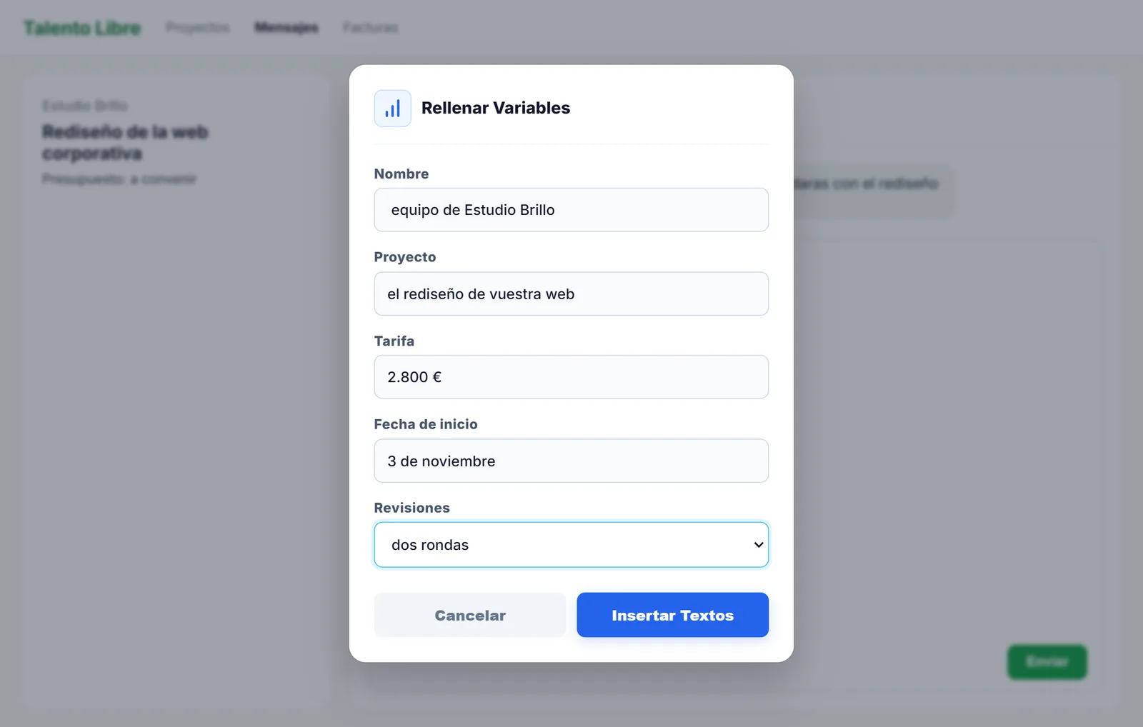 Cuadro de NexoPad para rellenar cliente, proyecto, tarifa, fecha de inicio y revisiones
