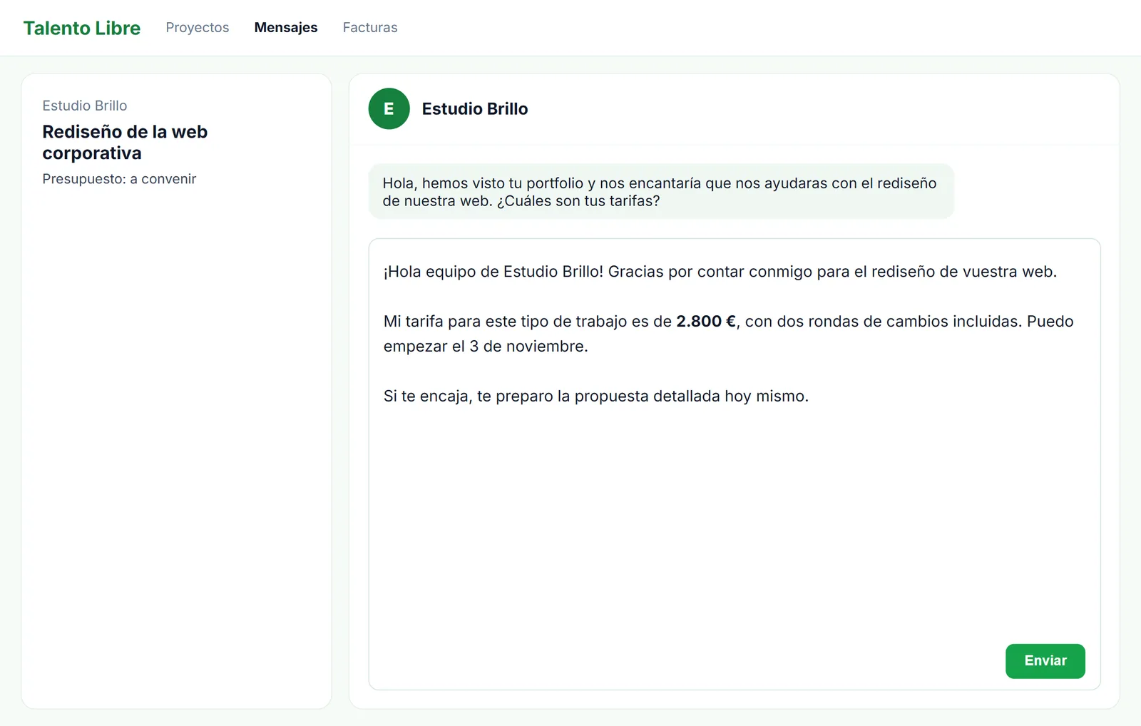 Respuesta con las tarifas escrita en un marketplace de freelancers