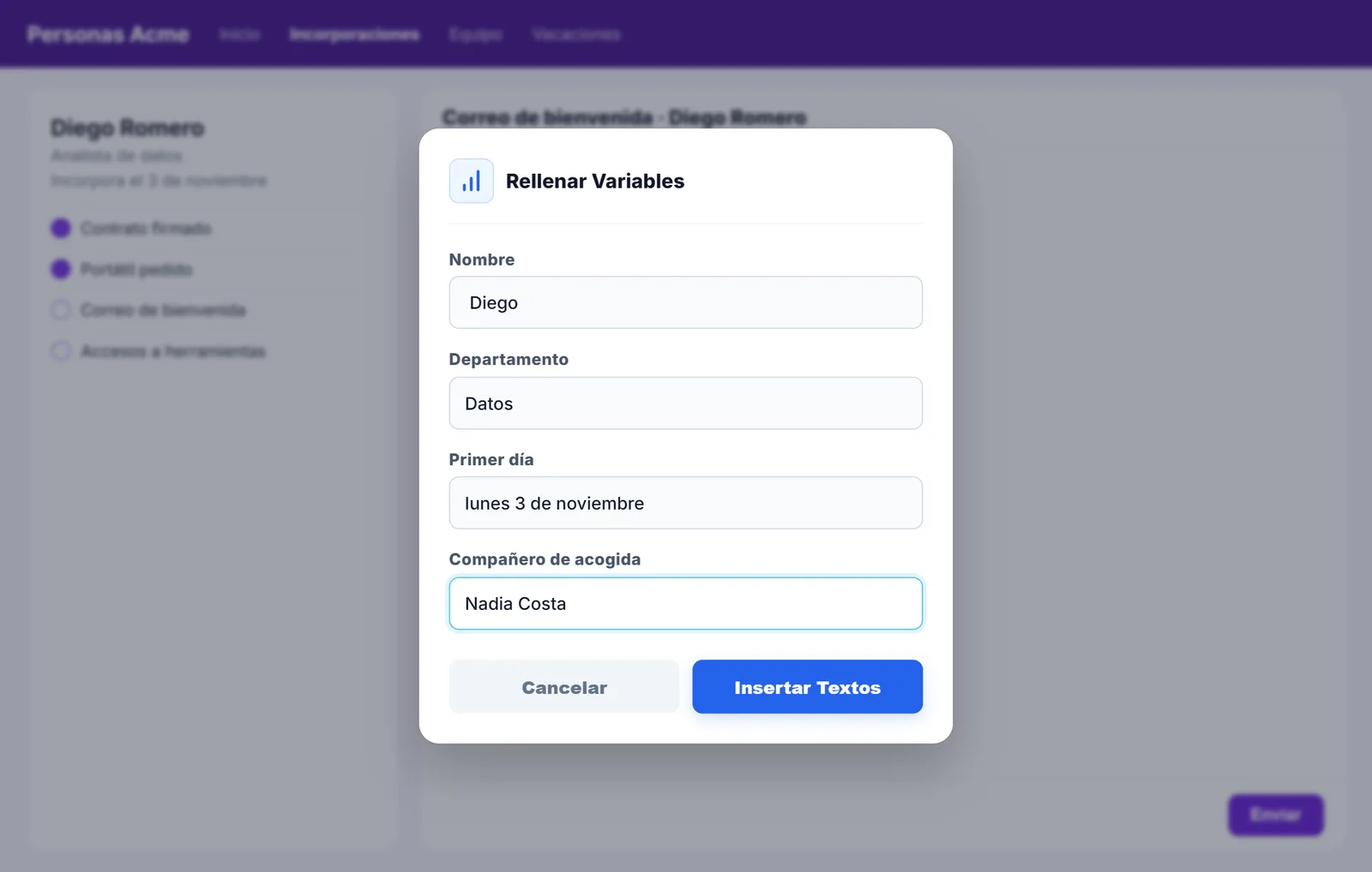 Cuadro de NexoPad para rellenar nombre, departamento, primer día y compañero de acogida