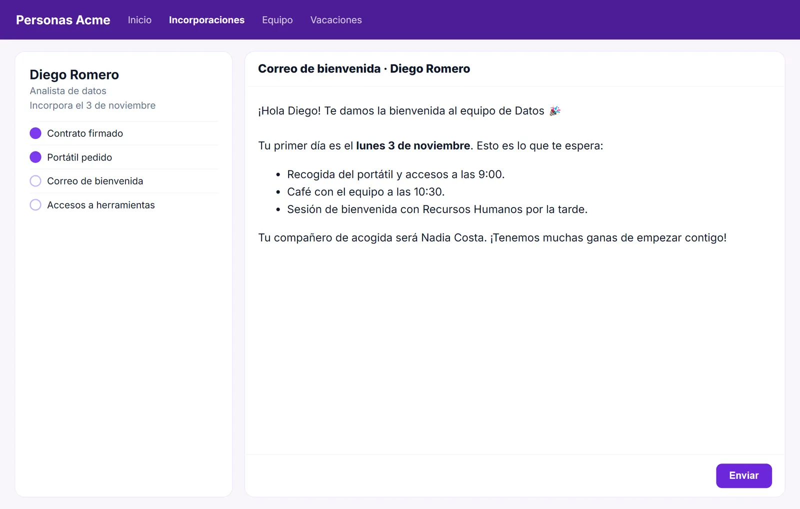 Correo de bienvenida a un empleado nuevo escrito en un portal de Recursos Humanos