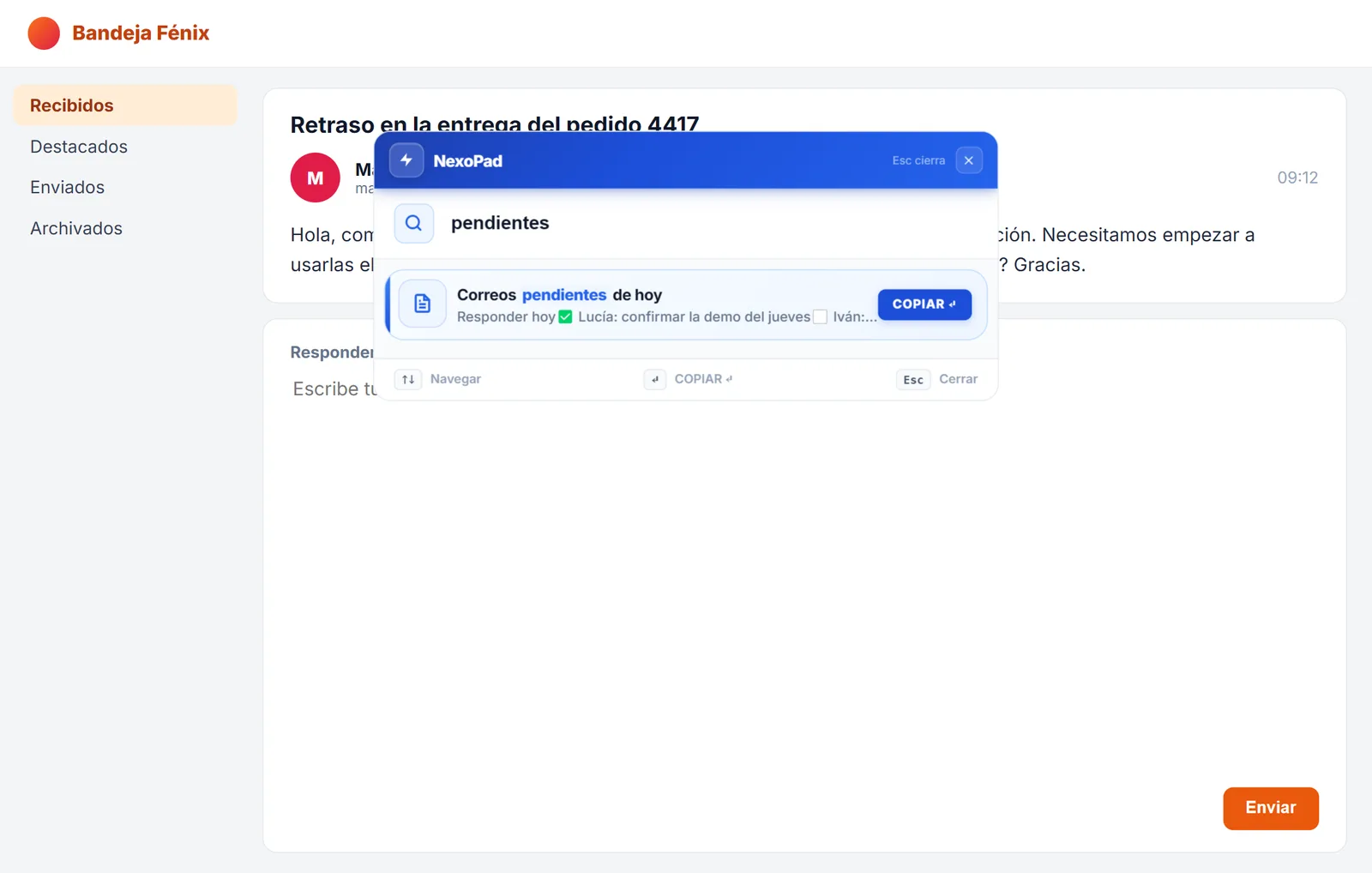 Buscador Ctrl+K de NexoPad dentro del correo encontrando la nota de correos pendientes