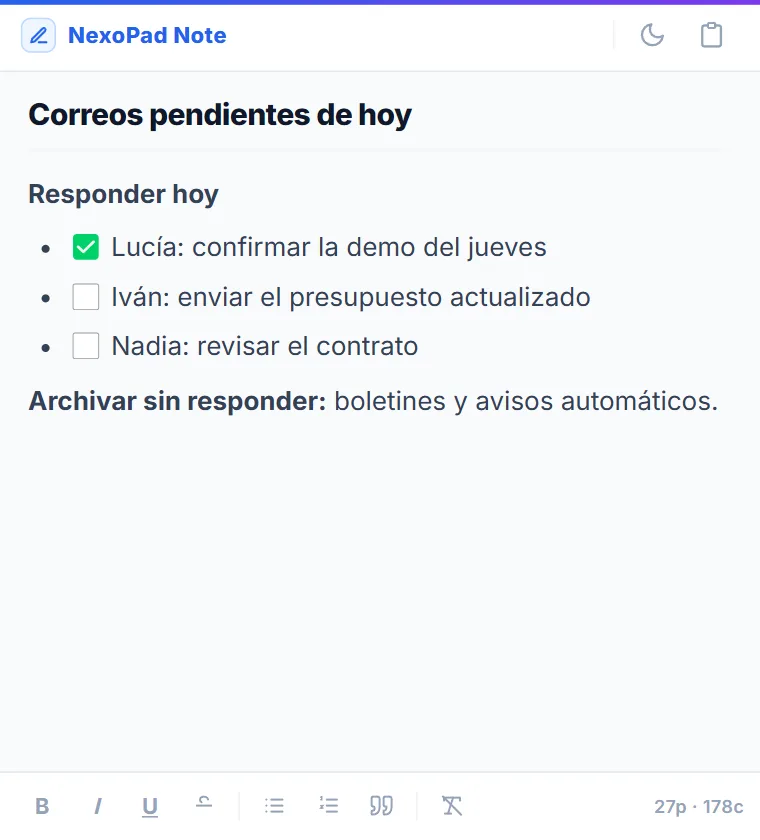 Nota flotante de NexoPad con la lista de correos pendientes del día