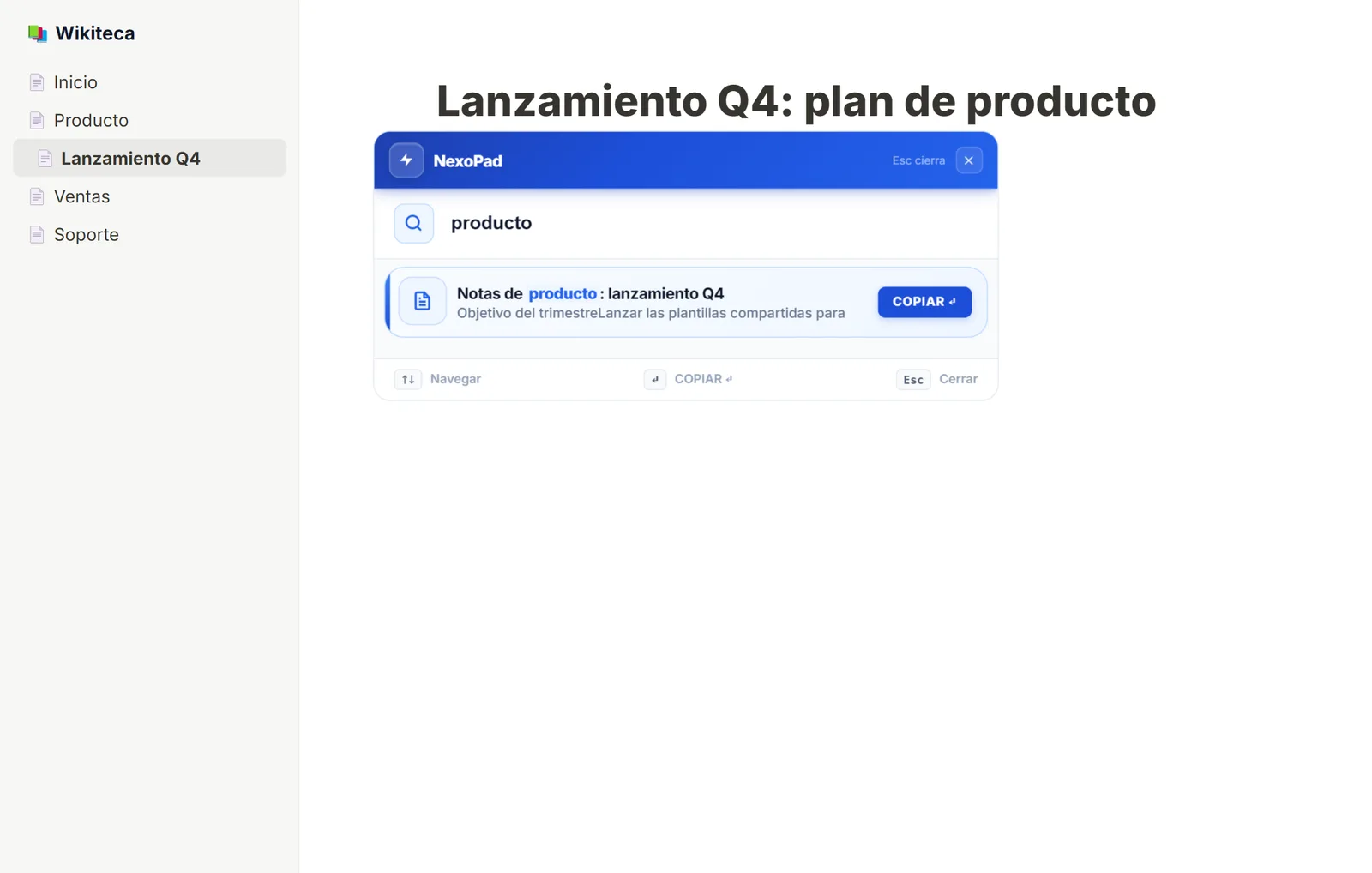 Buscador Ctrl+K de NexoPad dentro de una wiki de equipo