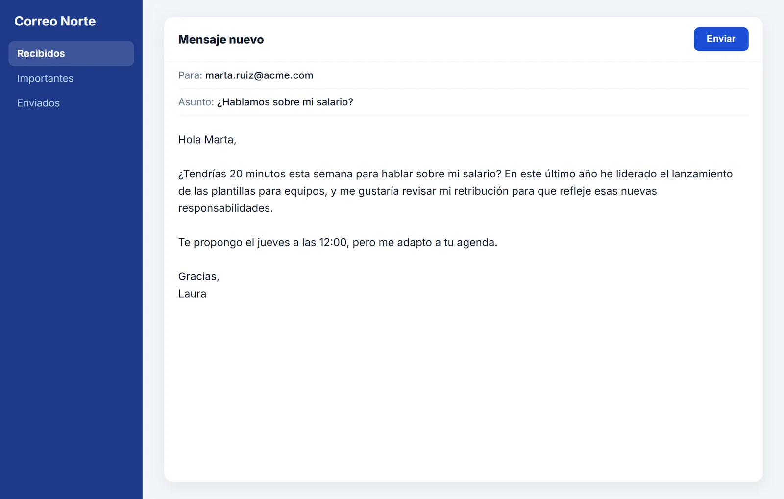 Correo para pedir una reunión sobre el salario escrito en un correo web