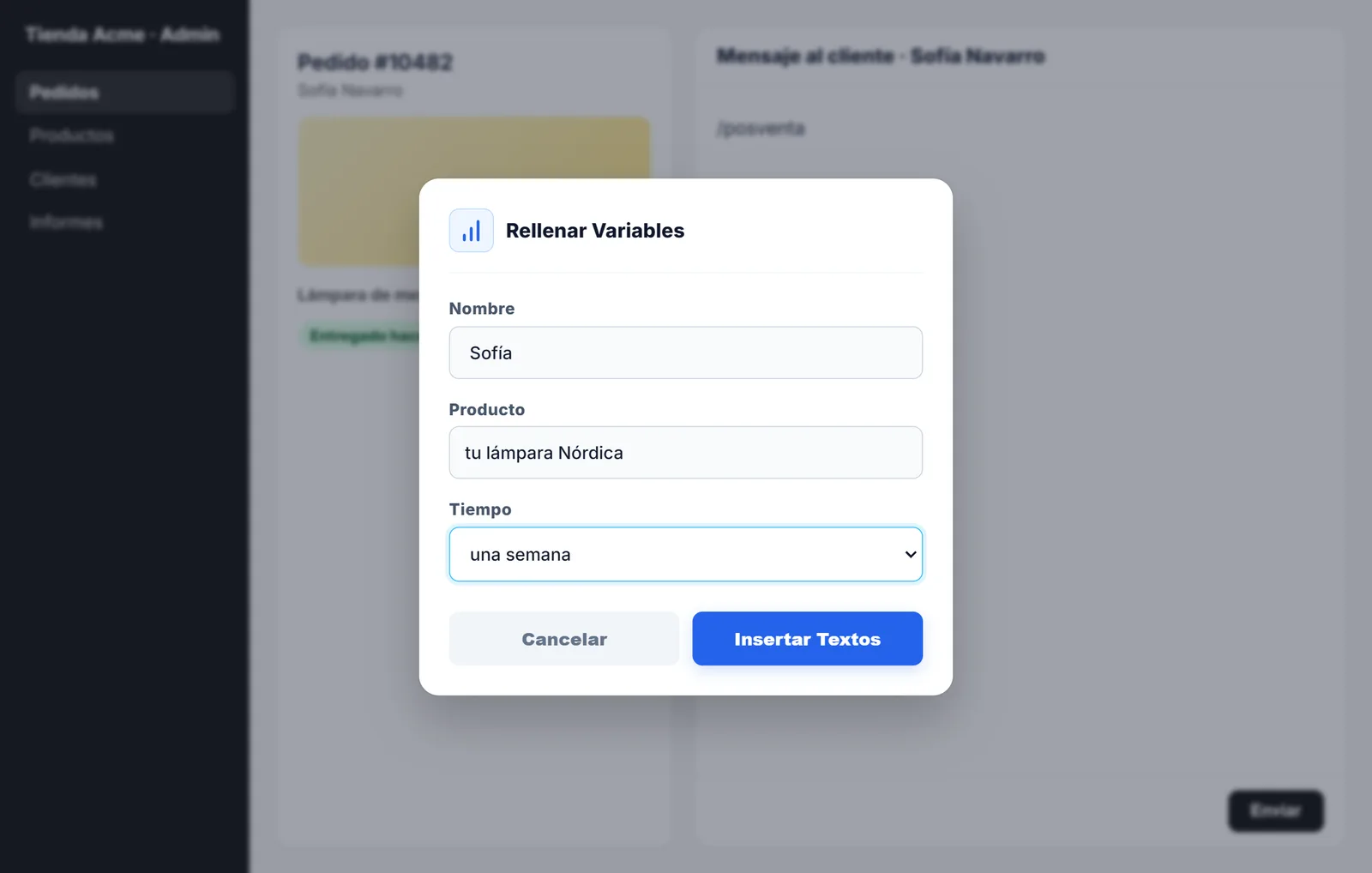 Cuadro de NexoPad para rellenar el nombre, el producto y el tiempo de uso