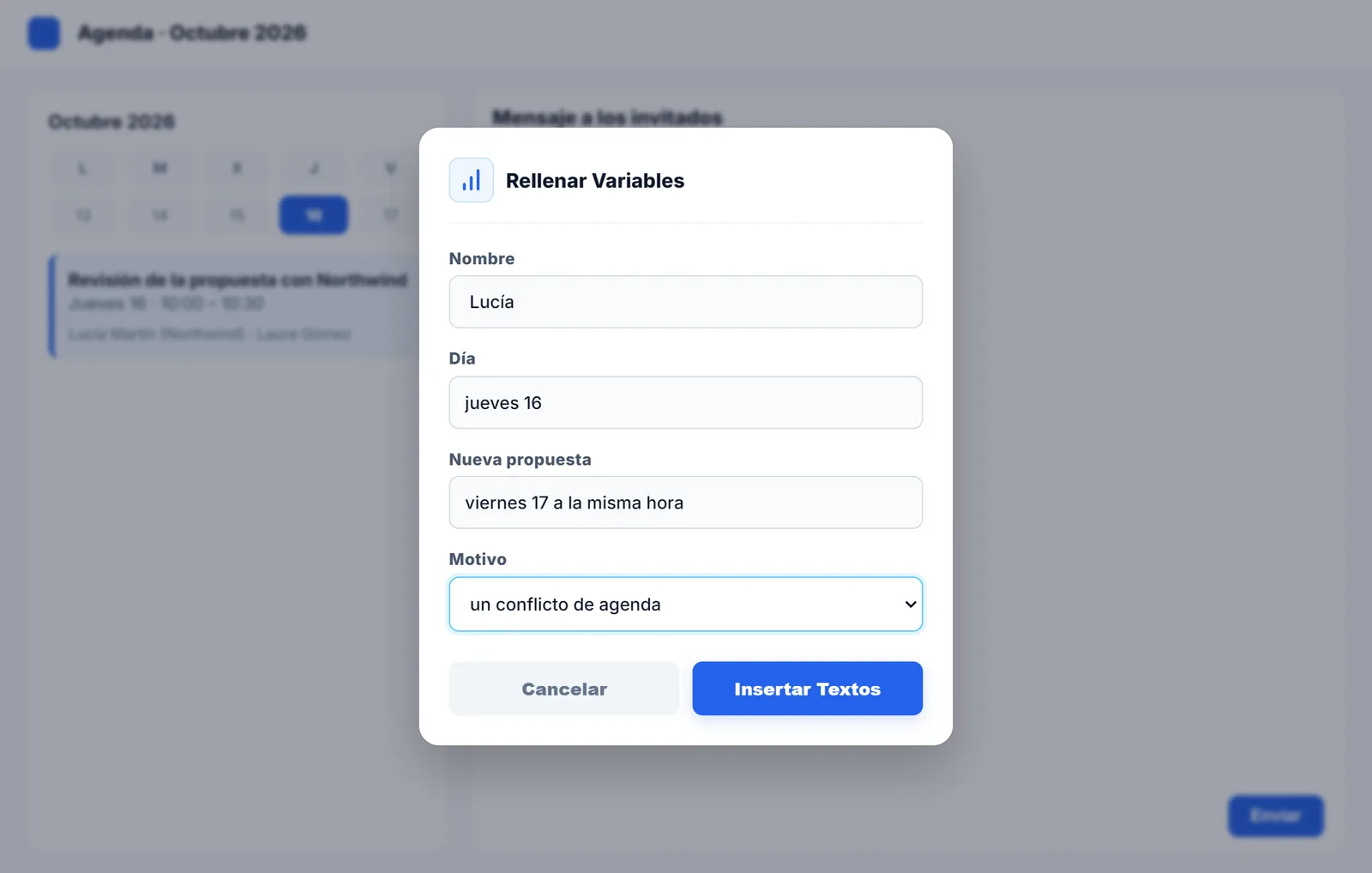 Cuadro de NexoPad para rellenar nombre, día, nueva propuesta y motivo de la cancelación