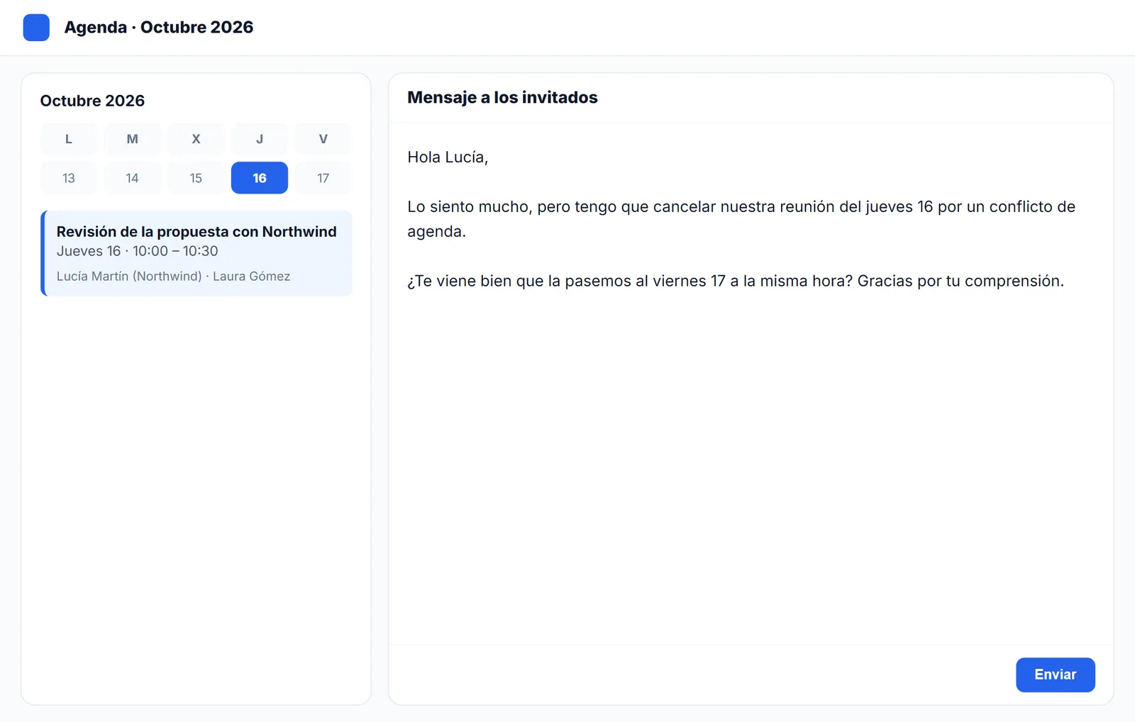 Mensaje para cancelar una reunión escrito junto al evento en un calendario