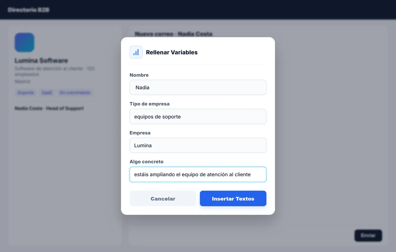 Cuadro de NexoPad para rellenar nombre, tipo de empresa, empresa y un detalle concreto