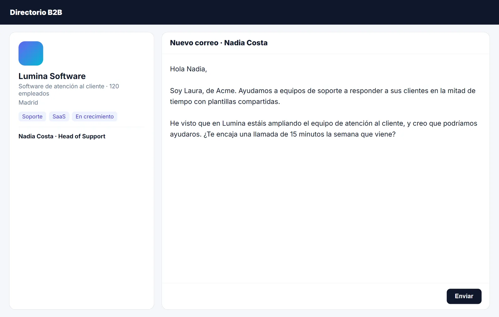 Correo de presentación a un cliente escrito junto a su ficha en un directorio de empresas