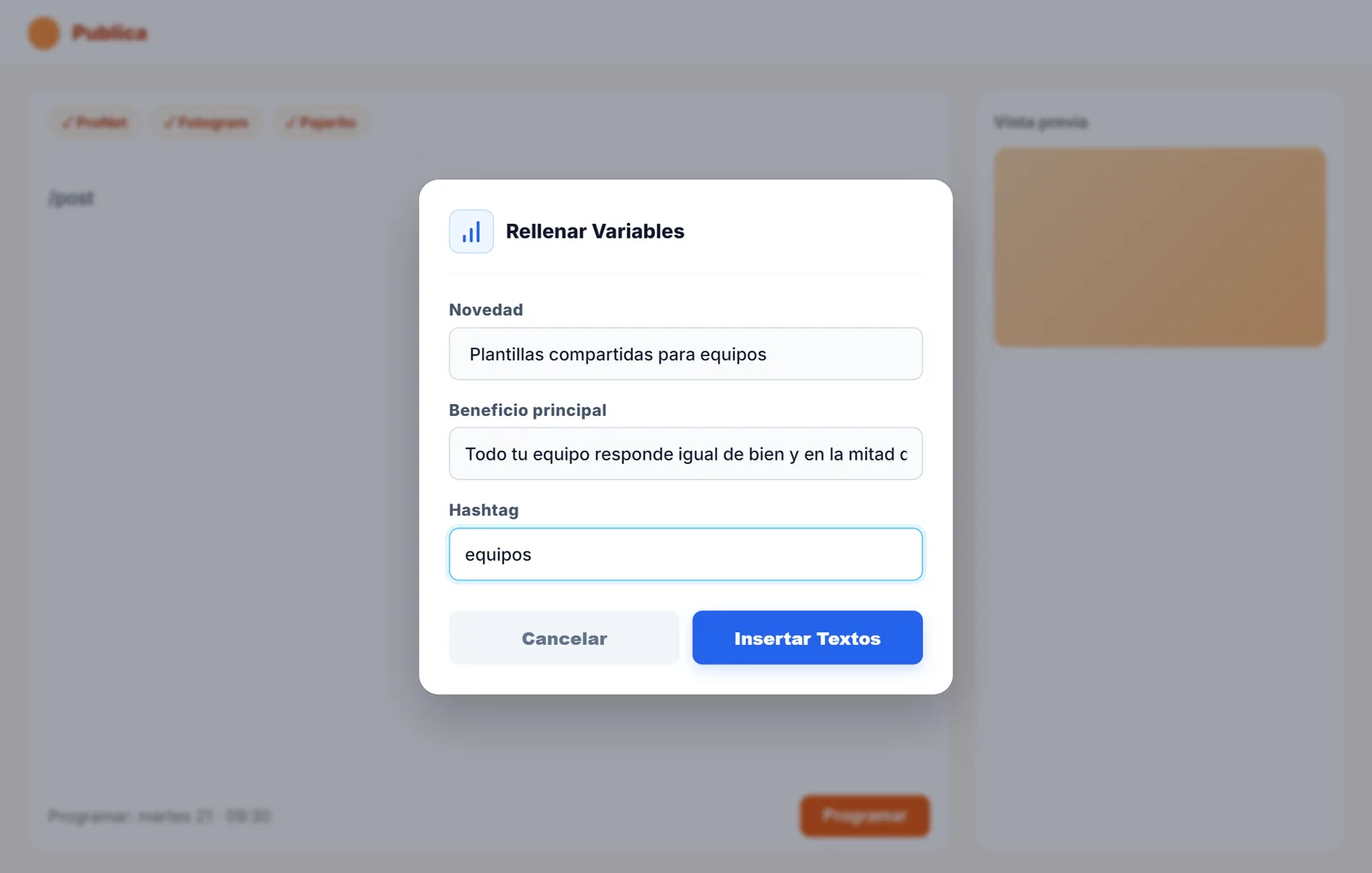 Cuadro de NexoPad para rellenar la novedad, el beneficio y el hashtag de una publicación