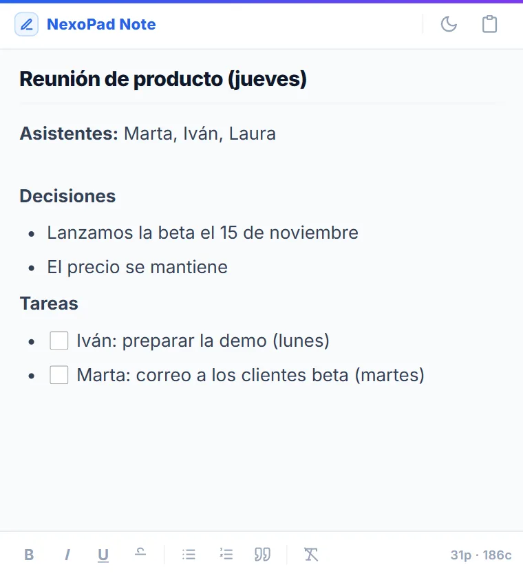 Nota flotante de NexoPad con asistentes, decisiones y tareas de una reunión