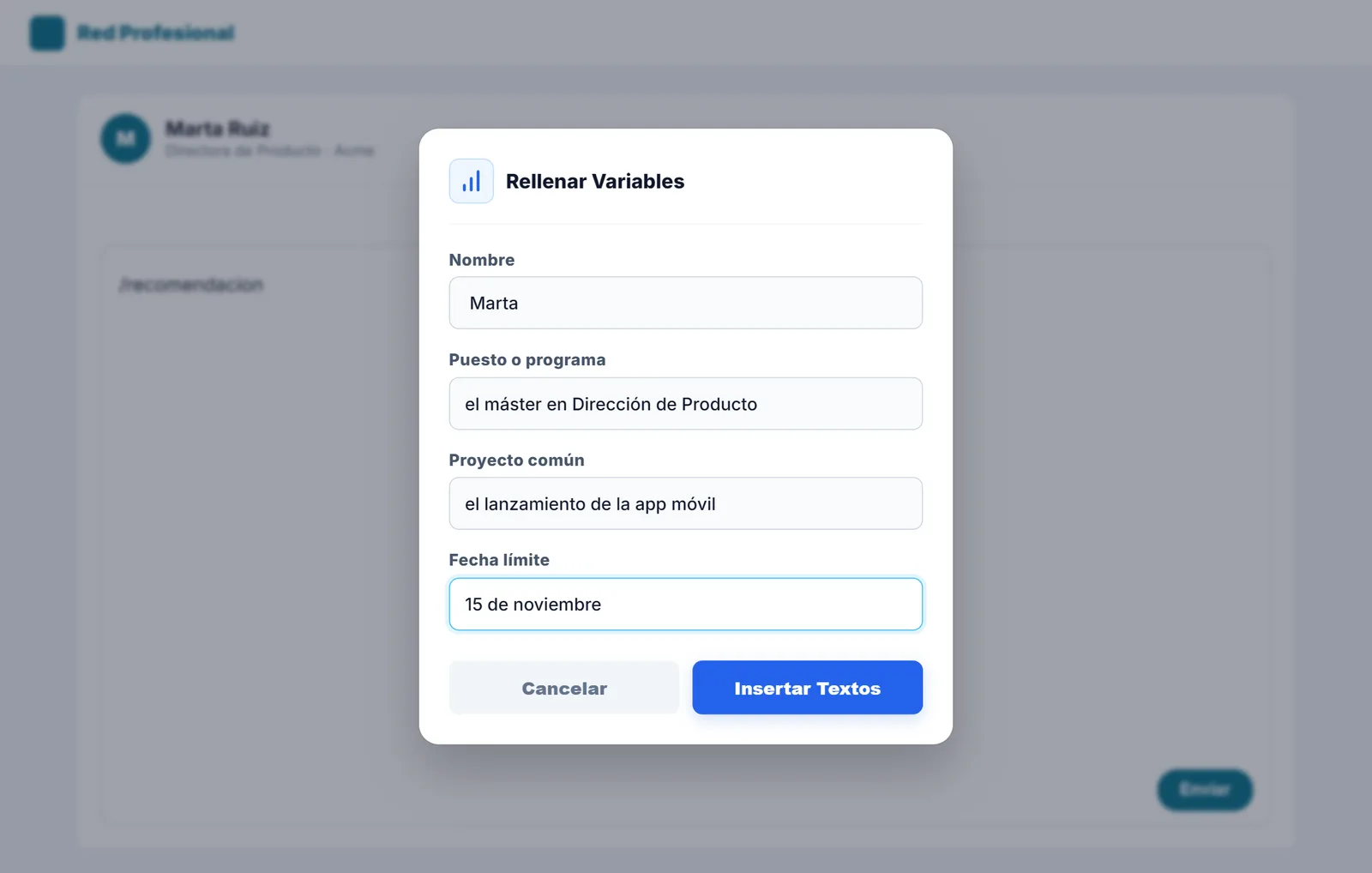 Cuadro de NexoPad para rellenar nombre, programa, proyecto común y fecha límite
