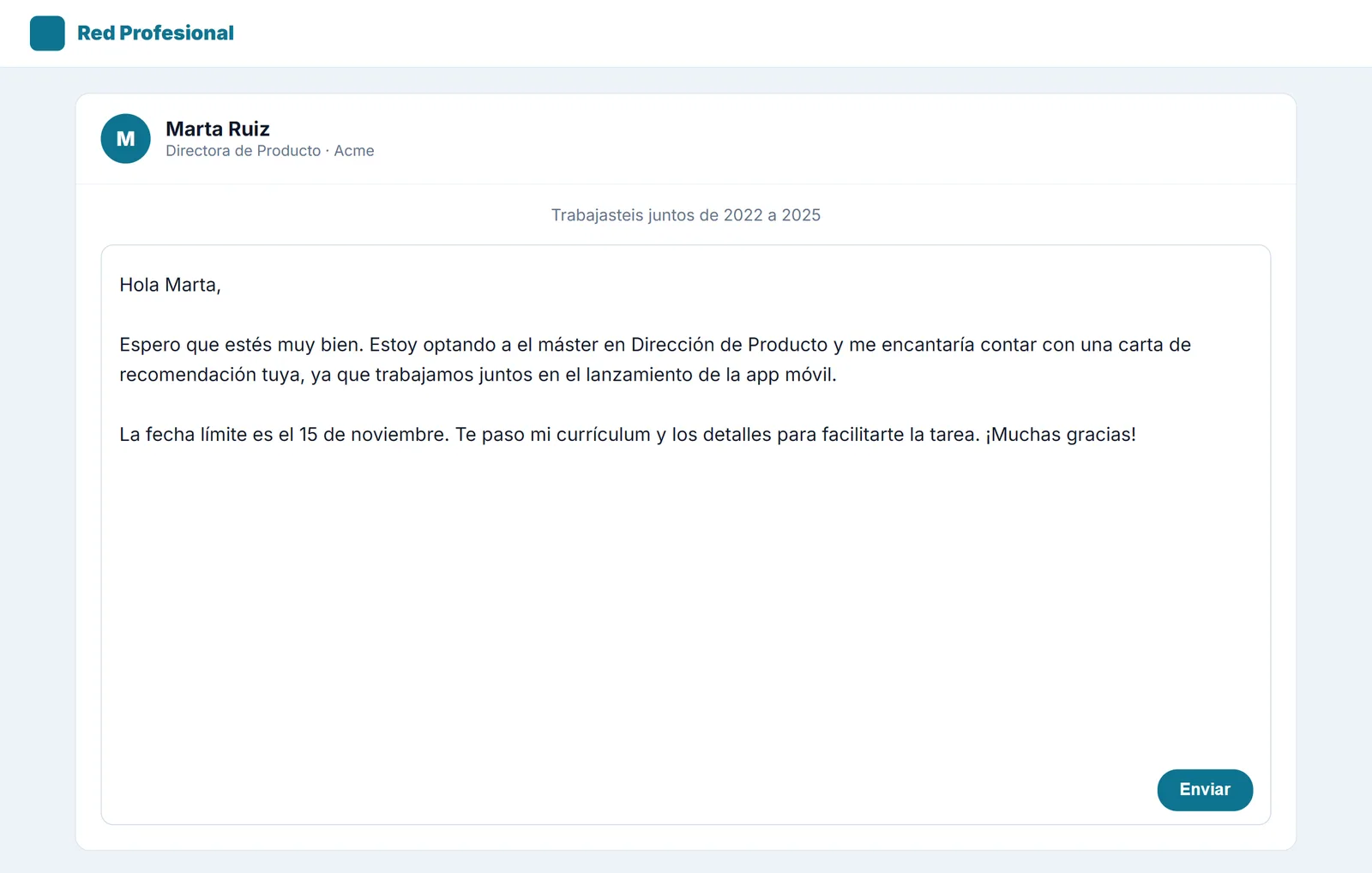 Mensaje para pedir una carta de recomendación escrito en una red profesional