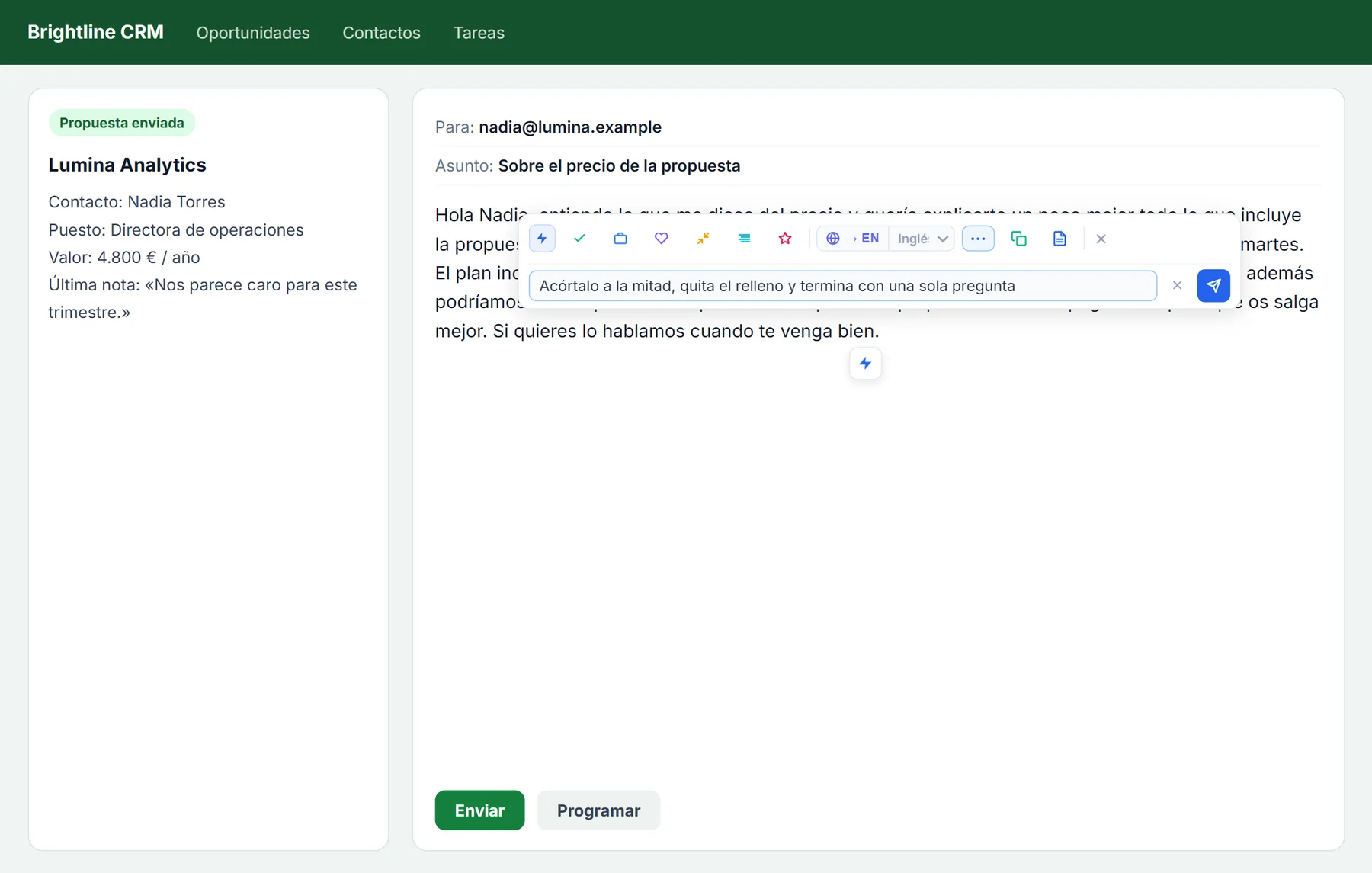 Barra de IA de NexoPad sobre un borrador de correo de venta con una instrucción escrita