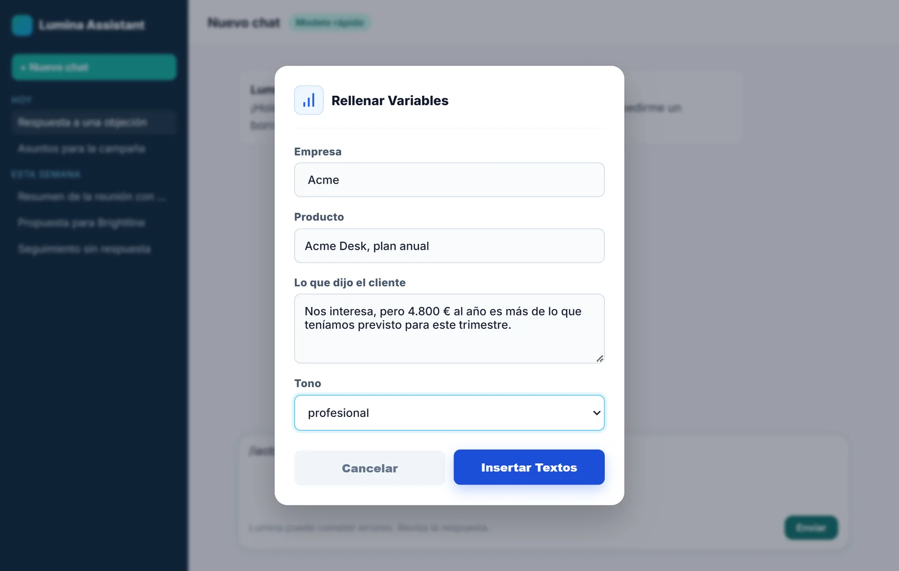 Cuadro de NexoPad para rellenar las variables de un prompt guardado como atajo en un chat de IA
