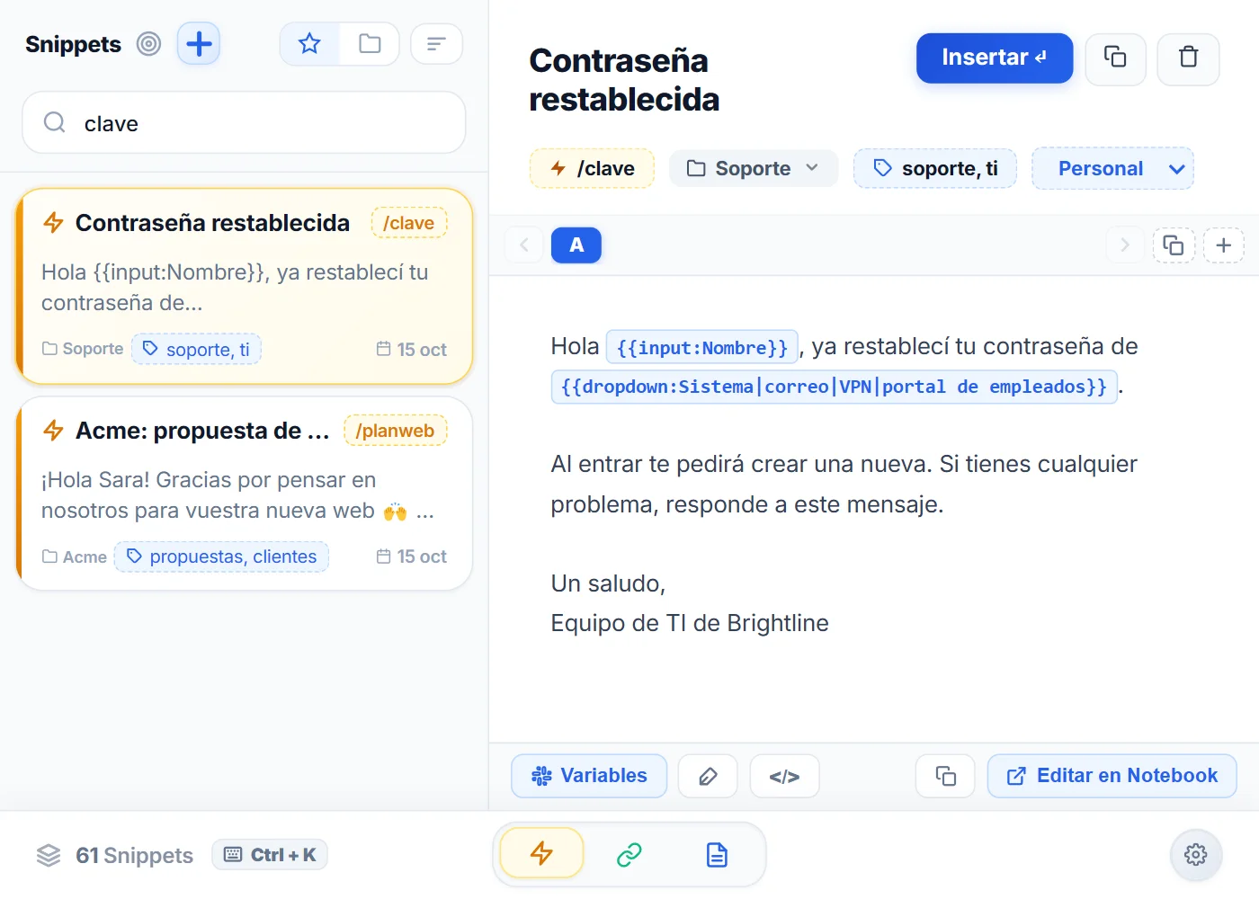 Vista Snippets del popup de NexoPad con la plantilla de contraseña restablecida y sus variables