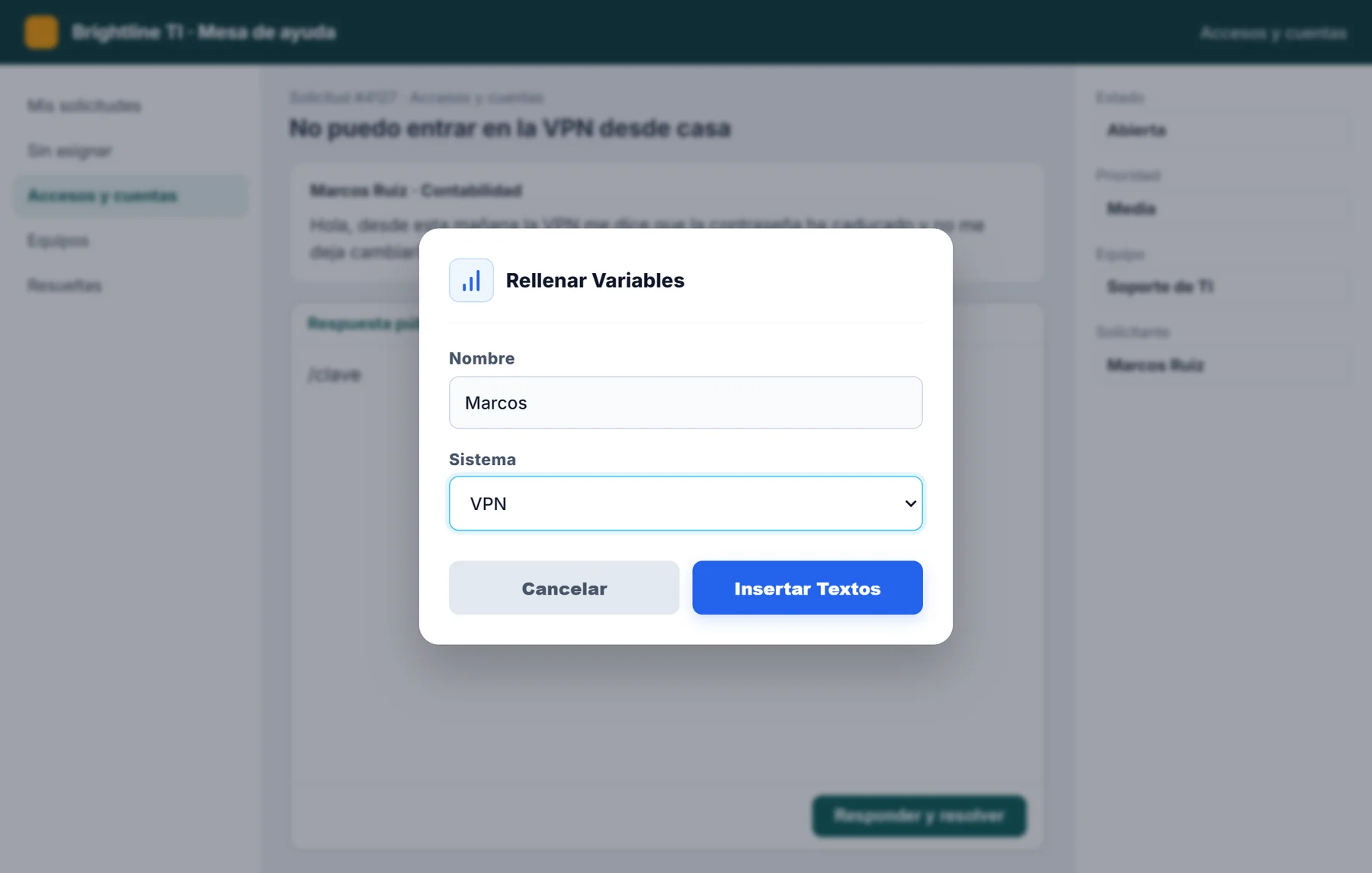 Cuadro de NexoPad para rellenar el nombre y elegir el sistema en una respuesta del servicio de TI de Brightline