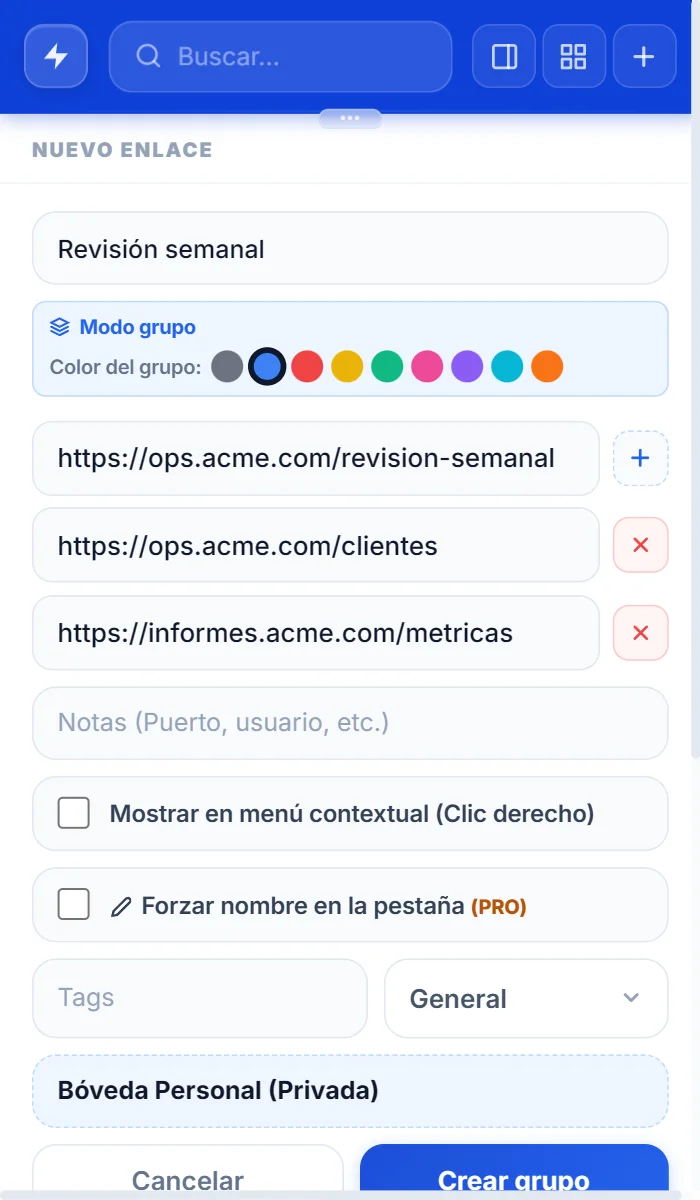 Formulario de NexoPad en modo grupo con tres páginas y el selector de color del grupo