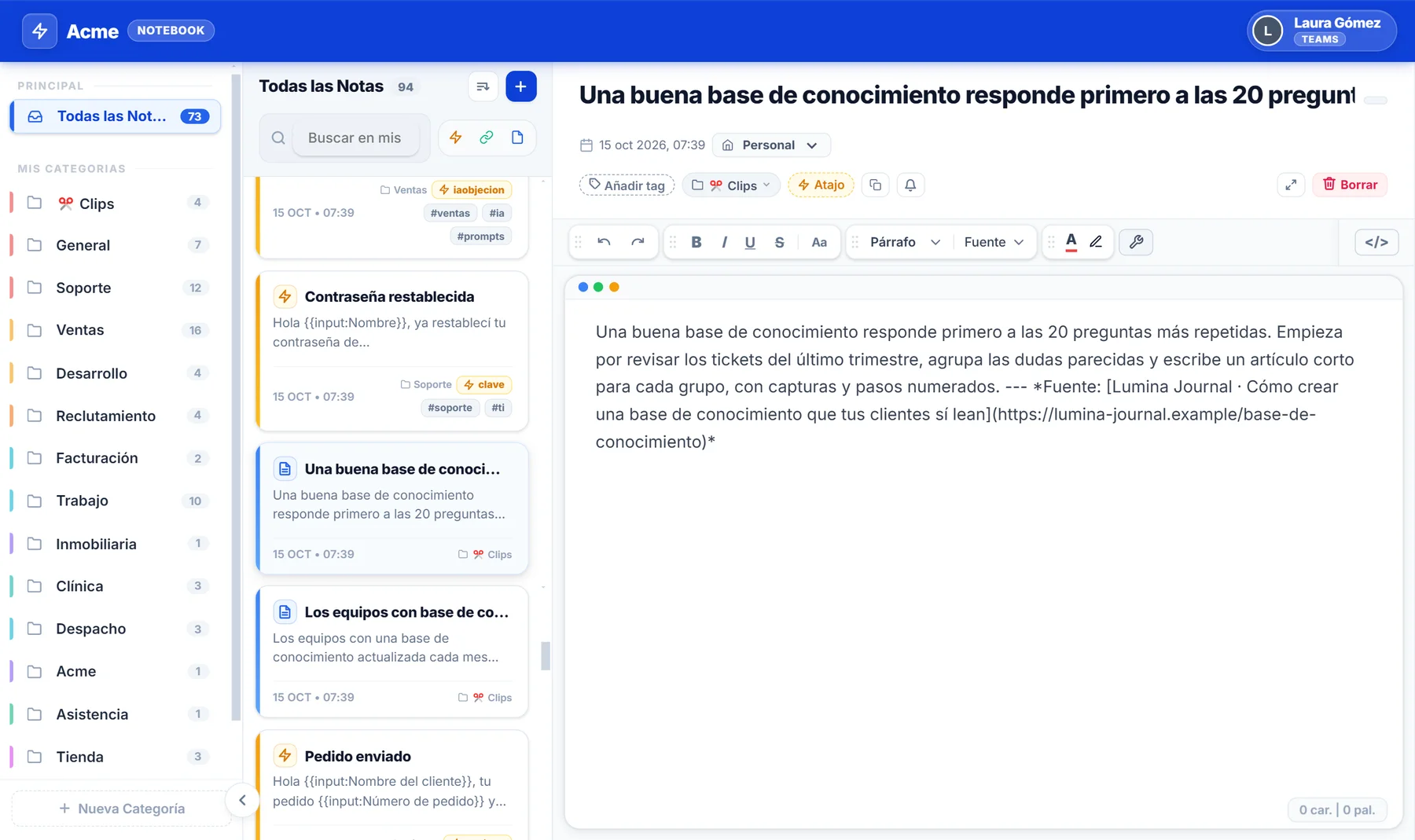 Recorte de NexoPad abierto en el Notebook con el texto guardado y el enlace a la página de origen