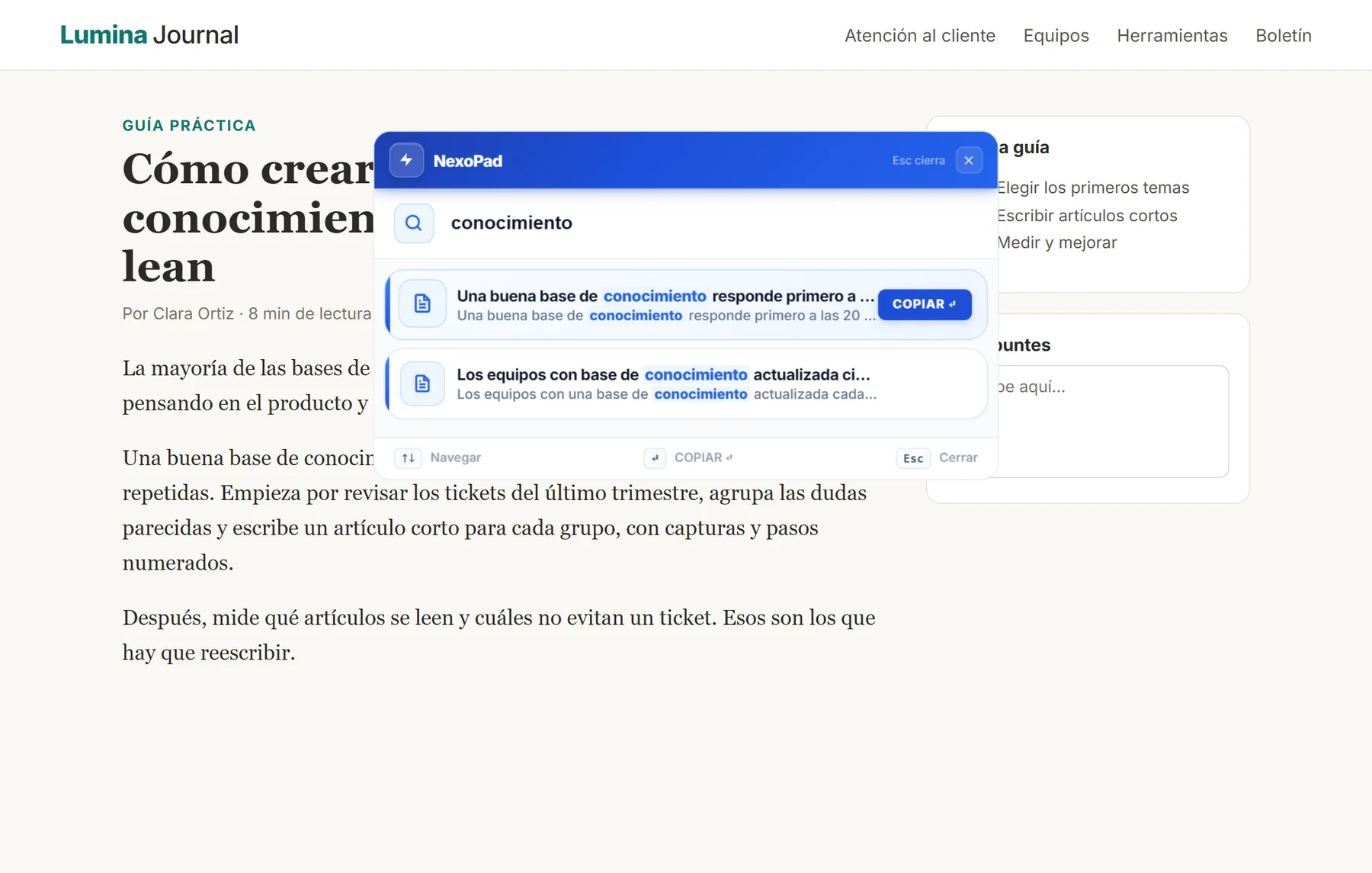 Buscador Ctrl+K de NexoPad mostrando dos recortes sobre bases de conocimiento