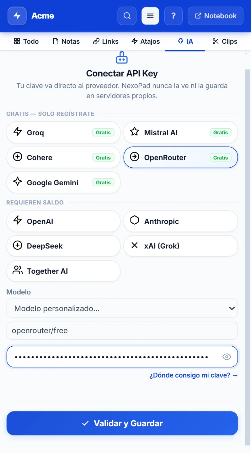 Pantalla Conectar API Key de NexoPad con OpenRouter elegido, el modelo openrouter/free y una clave pegada