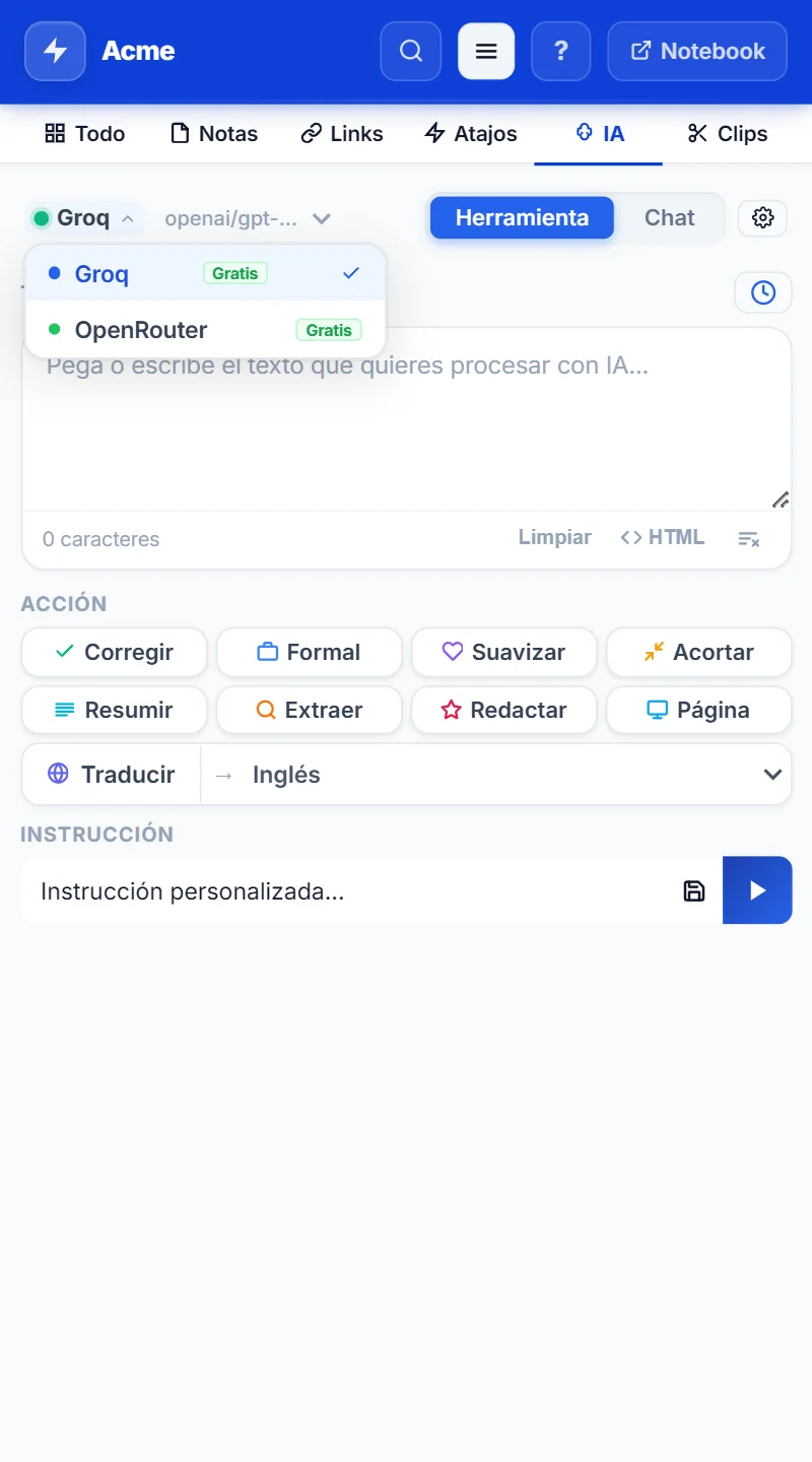 Pestaña IA de NexoPad conectada, con el menú para cambiar entre Groq y OpenRouter abierto