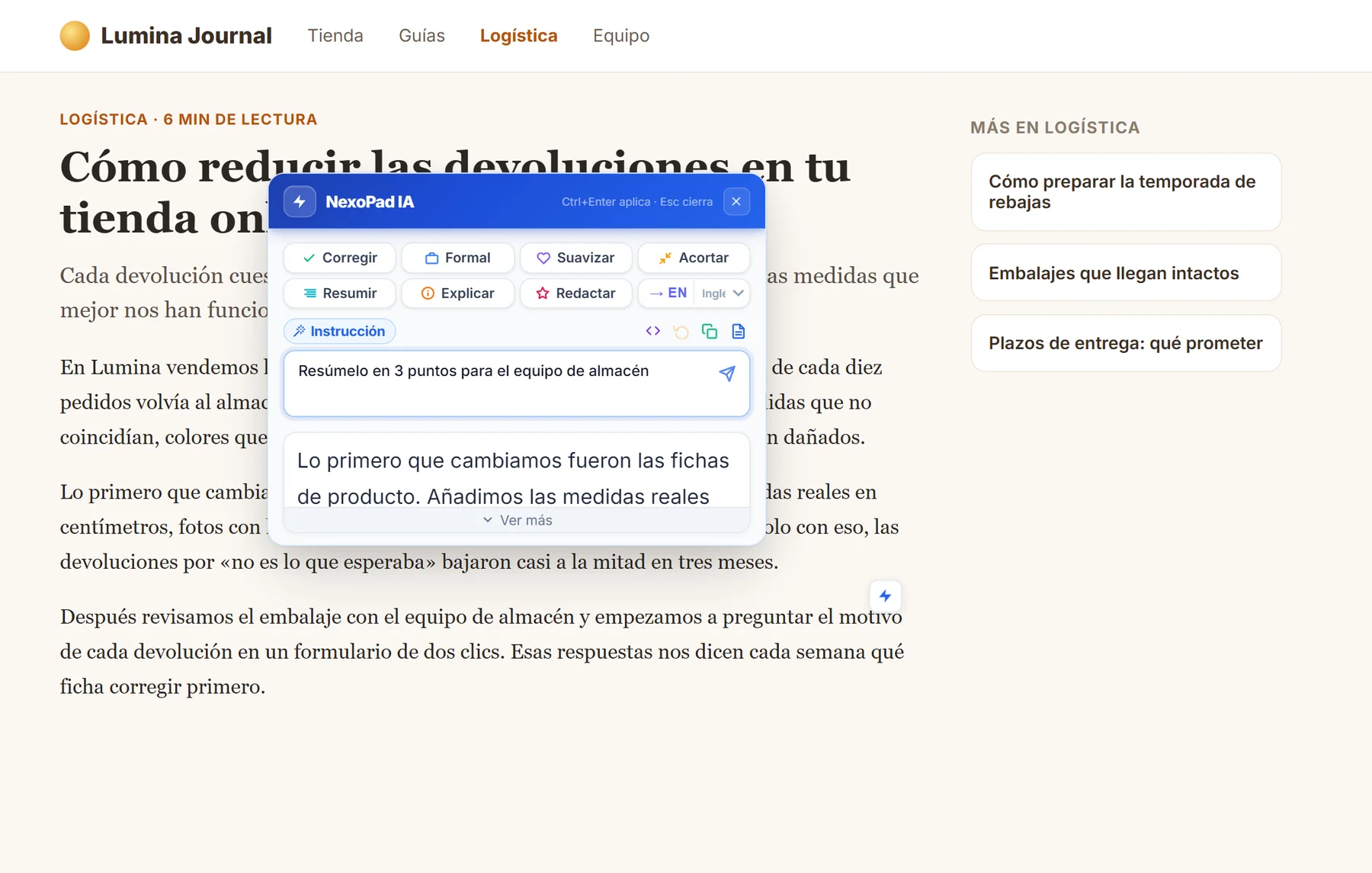 Menú de IA de NexoPad sobre un párrafo seleccionado de un artículo, con una instrucción propia escrita